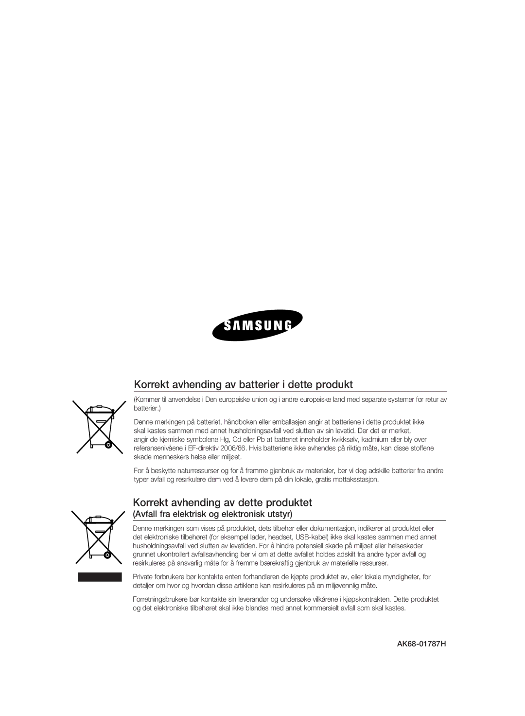 Samsung DVD-HR775A/XEE manual Korrekt avhending av batterier i dette produkt, Korrekt avhending av dette produktet 