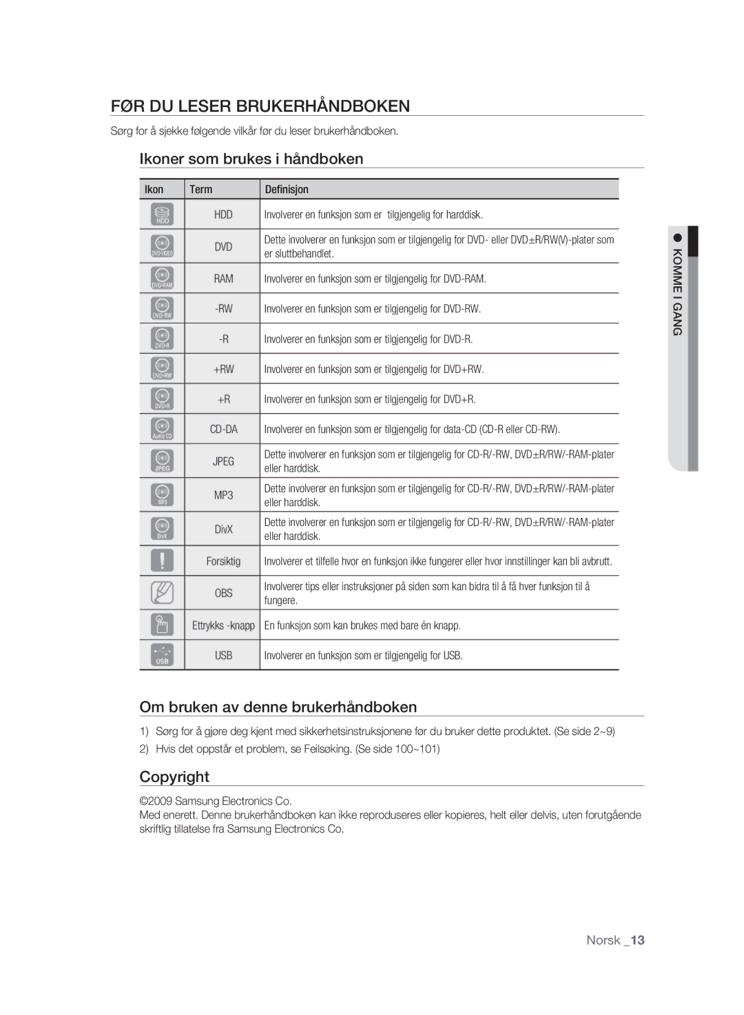 Samsung DVD-HR773A/XEE FØR DU Leser Brukerhåndboken, Ikoner som brukes i håndboken, Om bruken av denne brukerhåndboken 