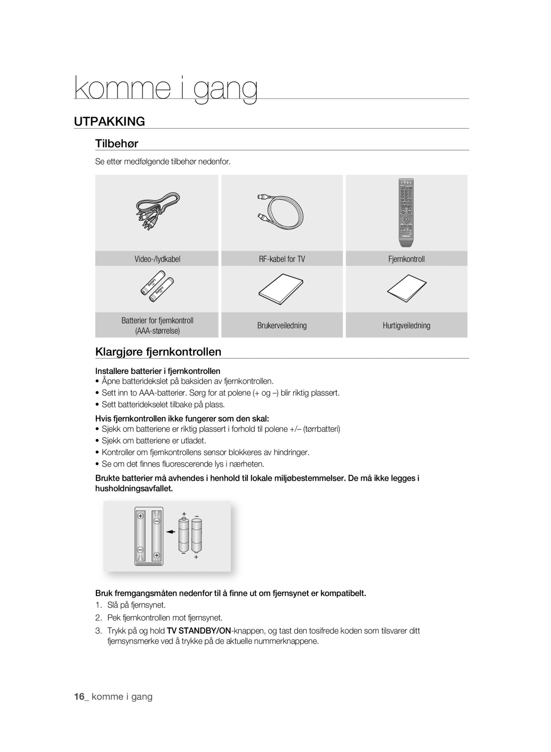 Samsung DVD-HR775A/XEE, DVD-HR773A/XEE manual Utpakking, Tilbehør, Klargjøre fjernkontrollen 