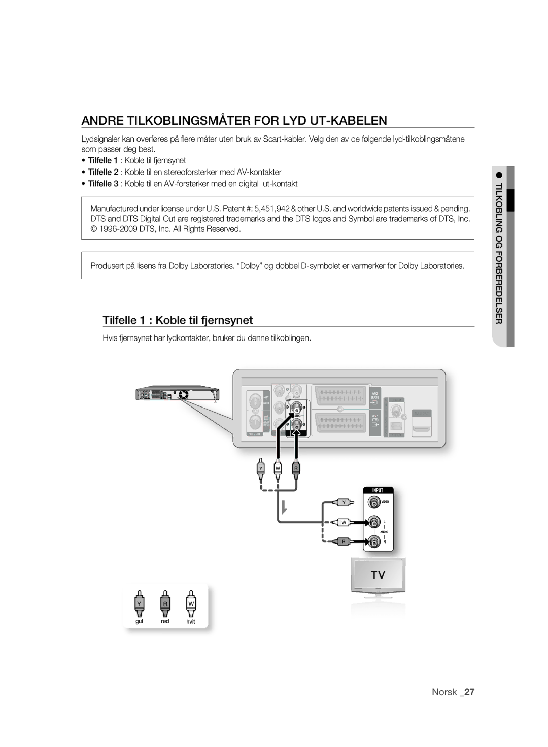 Samsung DVD-HR773A/XEE, DVD-HR775A/XEE manual Andre Tilkoblingsmåter for LYD UT-KABELEN, Tilfelle 1 Koble til fjernsynet 