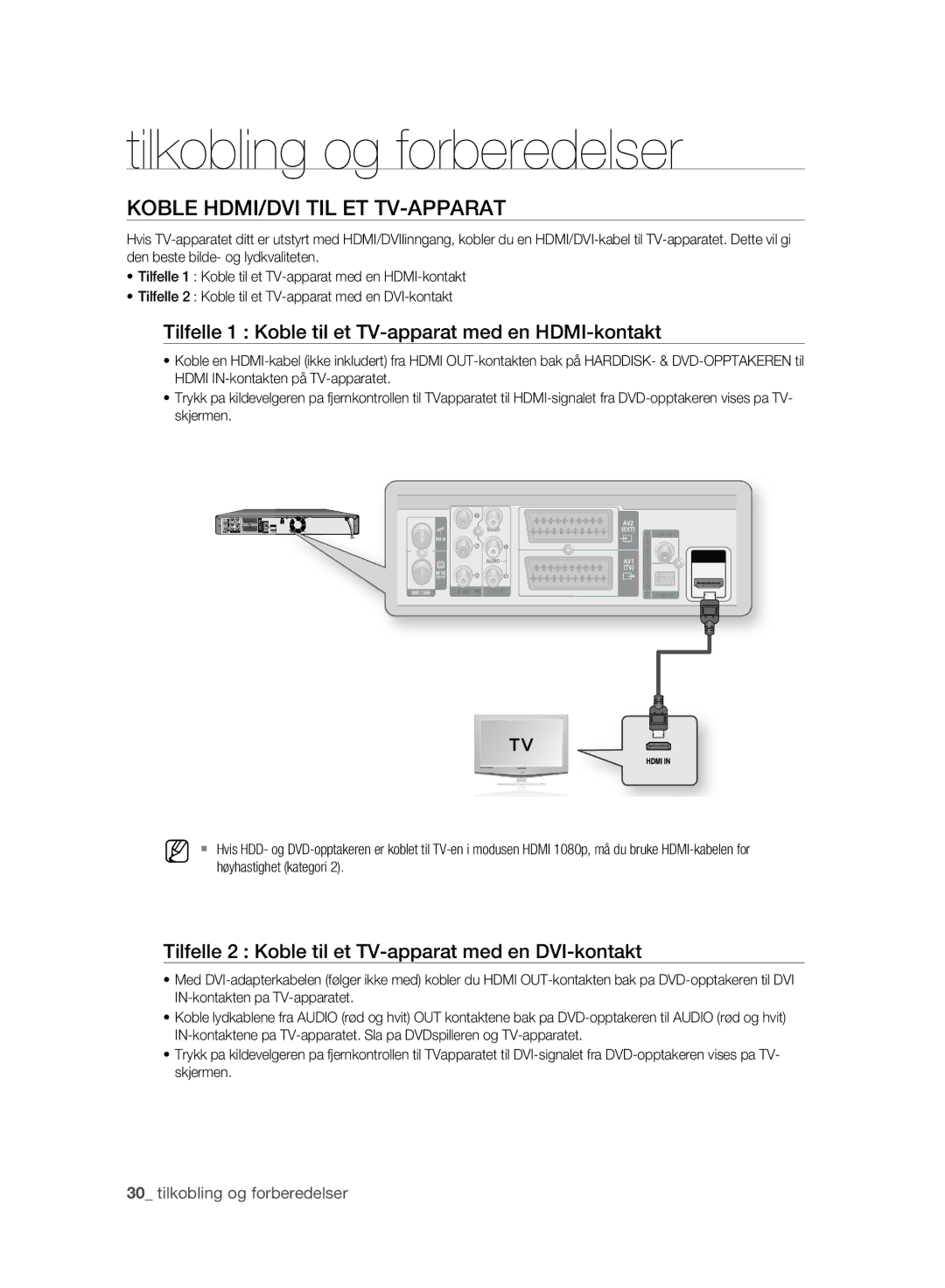 Samsung DVD-HR775A/XEE manual Koble HDMI/DVI TIL ET TV-APPARAT, Tilfelle 1 Koble til et TV-apparat med en HDMI-kontakt 