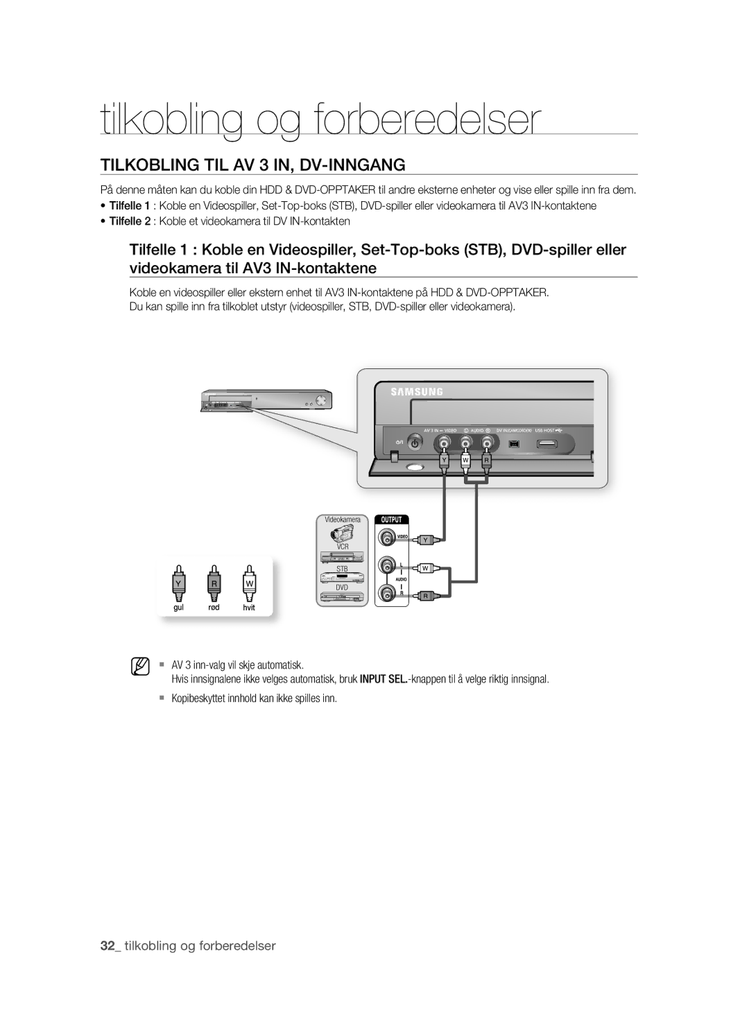 Samsung DVD-HR775A/XEE, DVD-HR773A/XEE manual Tilkobling TIL AV 3 IN, DV-INNGANG, AV 3 inn-valg vil skje automatisk 