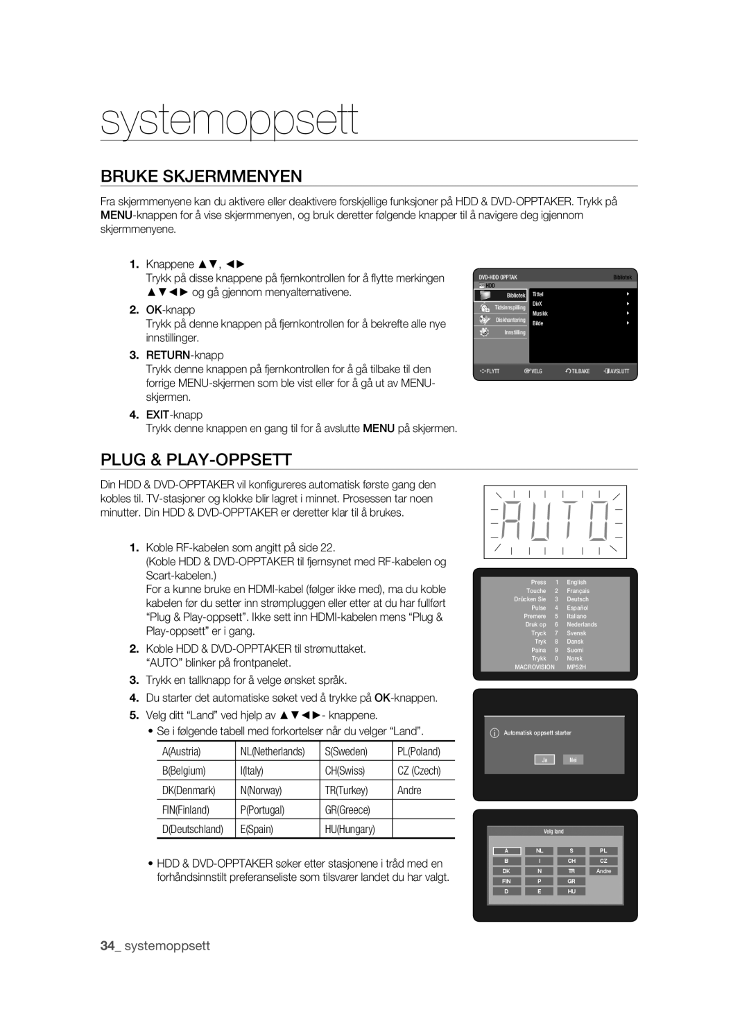 Samsung DVD-HR775A/XEE, DVD-HR773A/XEE Bruke Skjermmenyen, Plug & PLAY-OPPSETT, SSweden, BBelgium IItaly CHSwiss, ESpain 