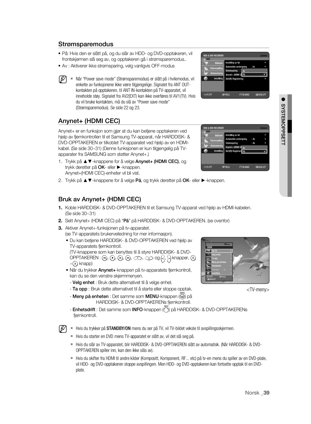 Samsung DVD-HR773A/XEE, DVD-HR775A/XEE manual Strømsparemodus, Bruk av Anynet+ Hdmi CEC 