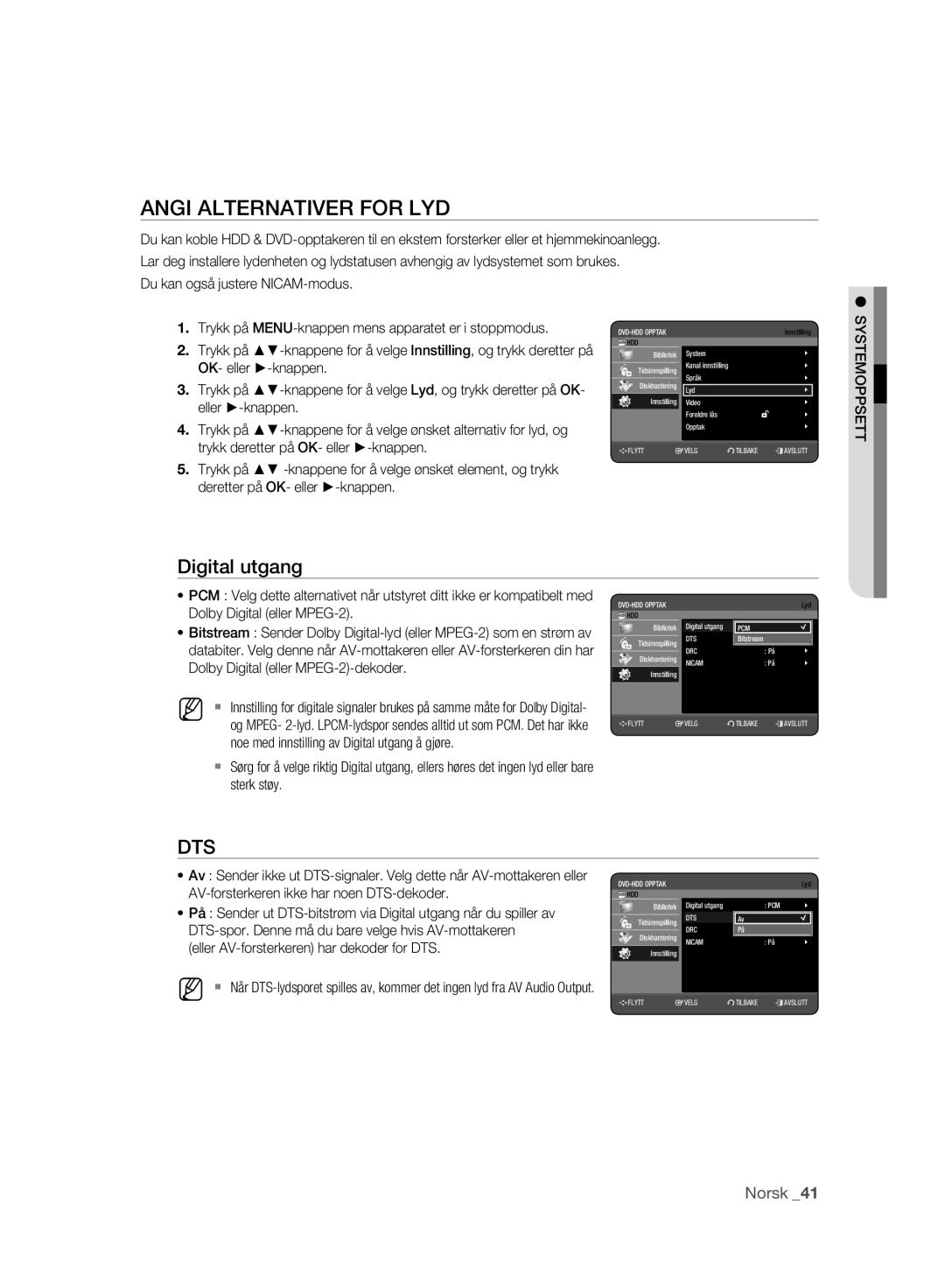 Samsung DVD-HR773A/XEE, DVD-HR775A/XEE manual Angi Alternativer for LYD, Digital utgang 