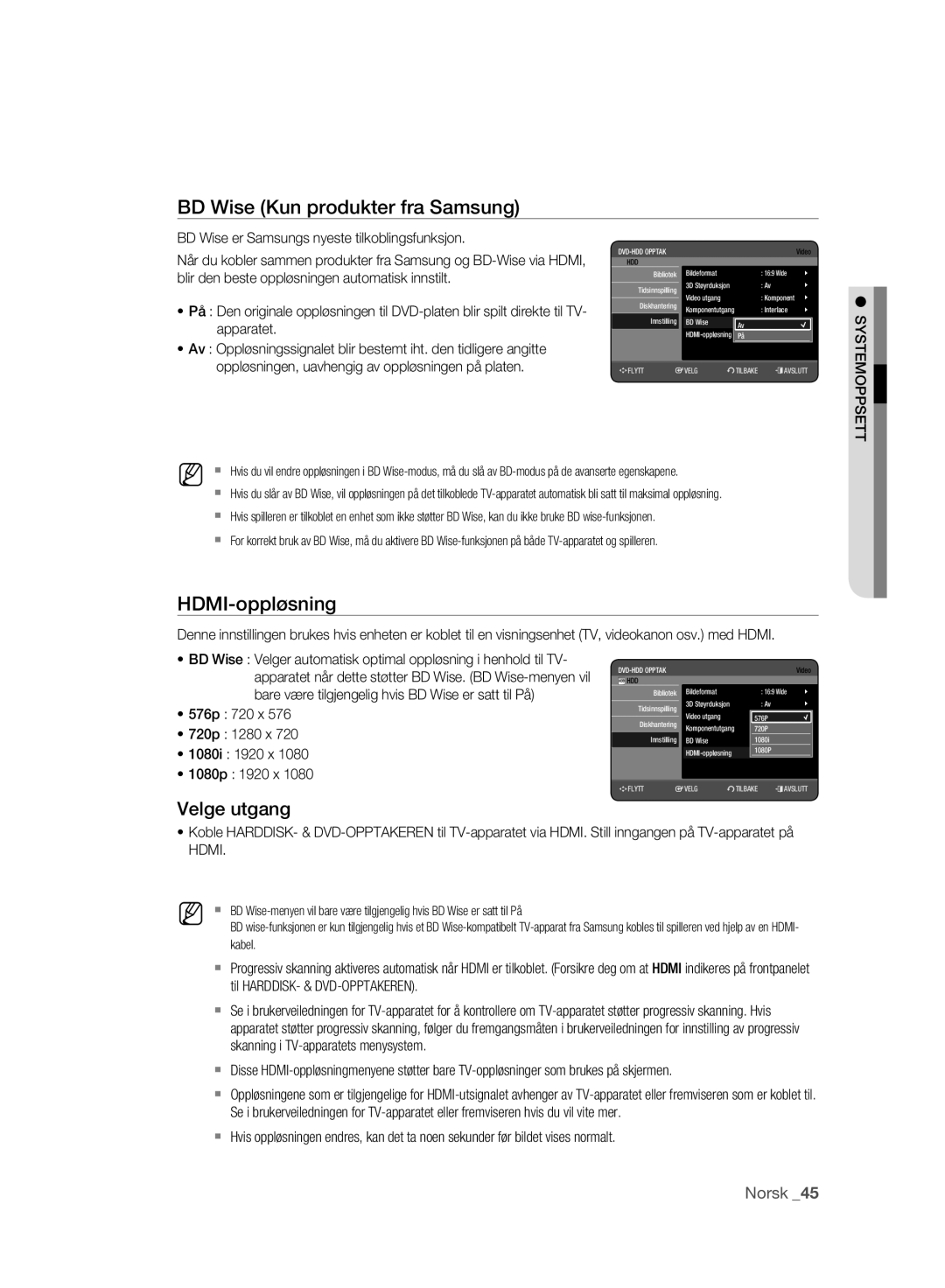 Samsung DVD-HR773A/XEE, DVD-HR775A/XEE manual BD Wise Kun produkter fra Samsung, HDMI-oppløsning, Velge utgang 