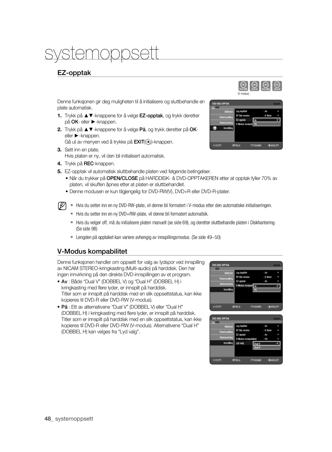 Samsung DVD-HR775A/XEE, DVD-HR773A/XEE manual EZ-opptak, Modus kompabilitet 