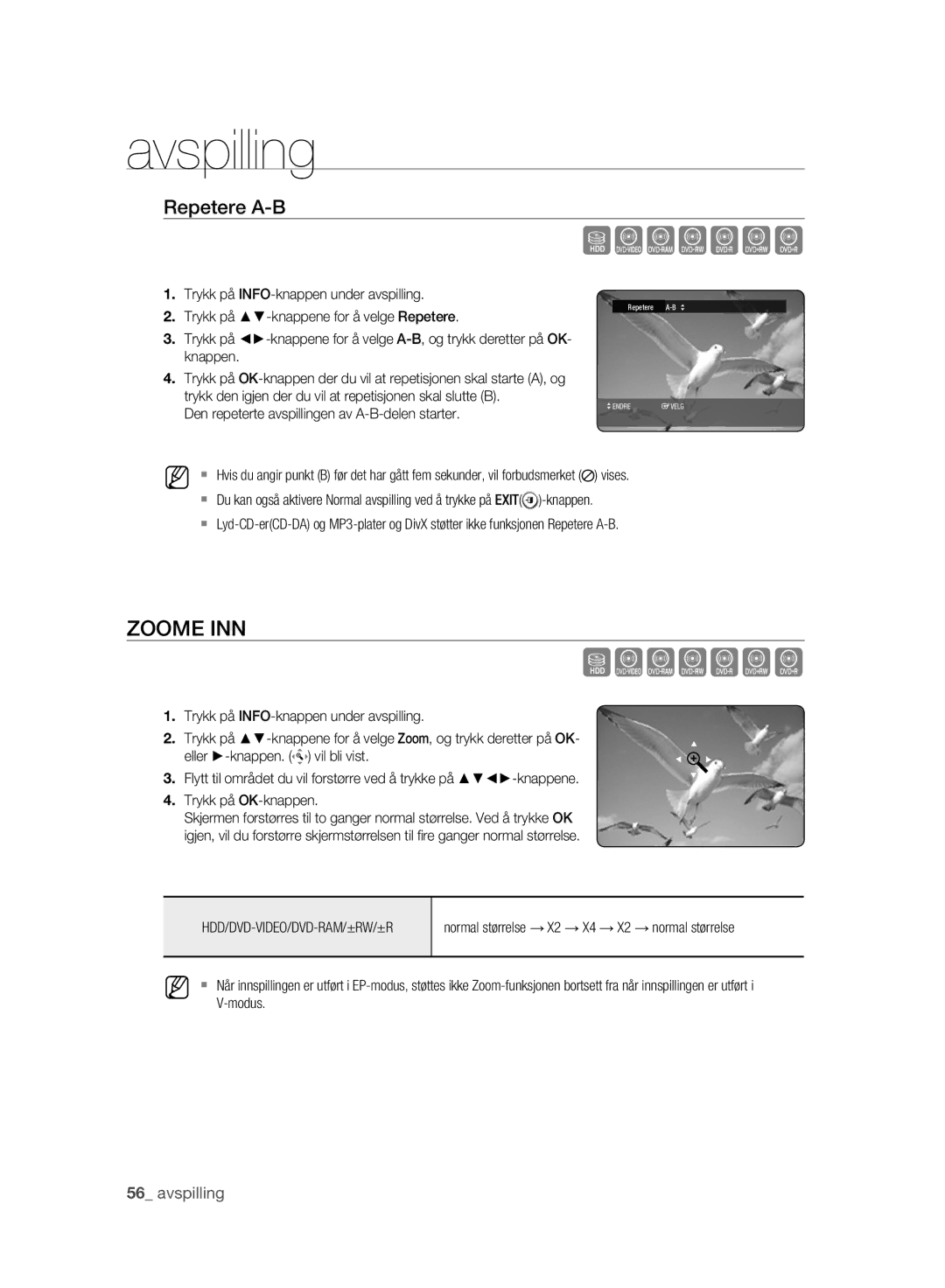 Samsung DVD-HR775A/XEE, DVD-HR773A/XEE Szxcvkl, Zoome INN, Repetere A-B, Den repeterte avspillingen av A-B-delen starter 