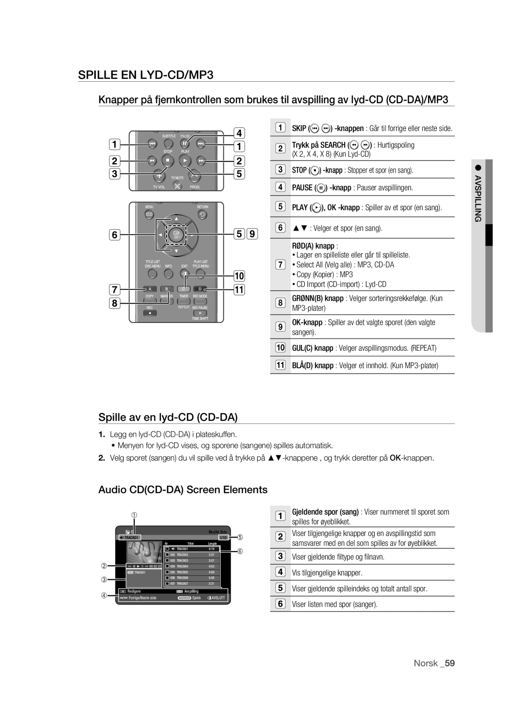 Samsung DVD-HR773A/XEE, DVD-HR775A/XEE manual Spille EN LYD-CD/MP3, Spille av en lyd-CD CD-DA, Audio CDCD-DA Screen Elements 