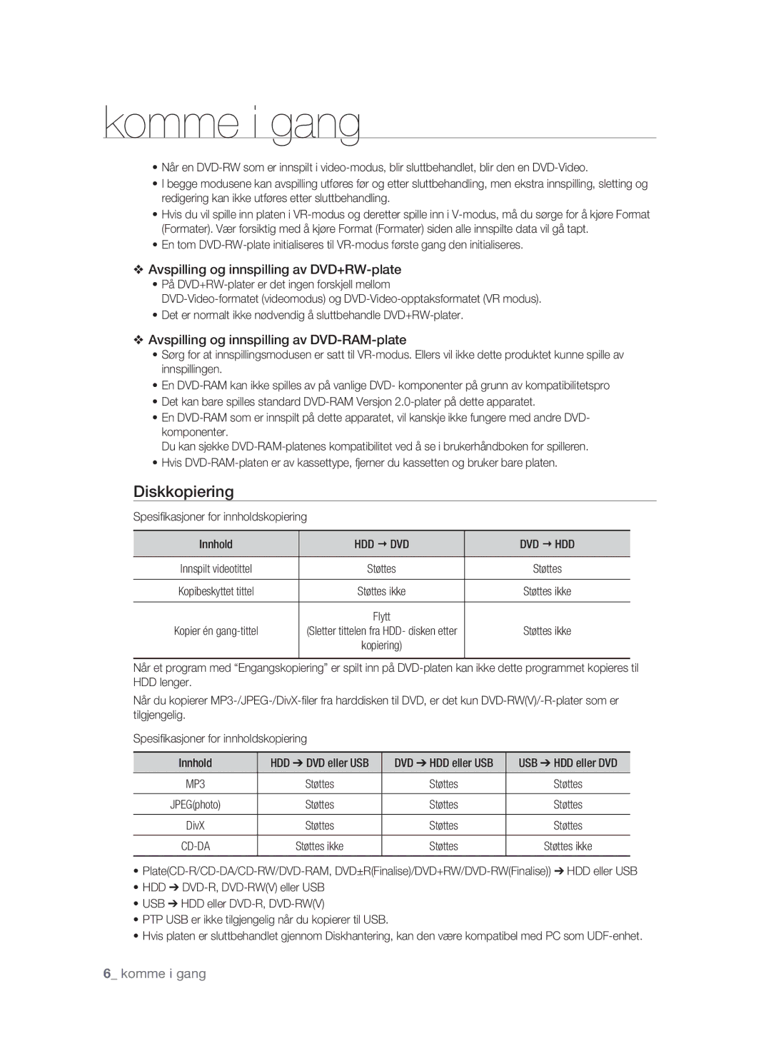 Samsung DVD-HR775A/XEE, DVD-HR773A/XEE Diskkopiering, Spesiﬁkasjoner for innholdskopiering Innhold, Hdd € Dvd Dvd € Hdd 