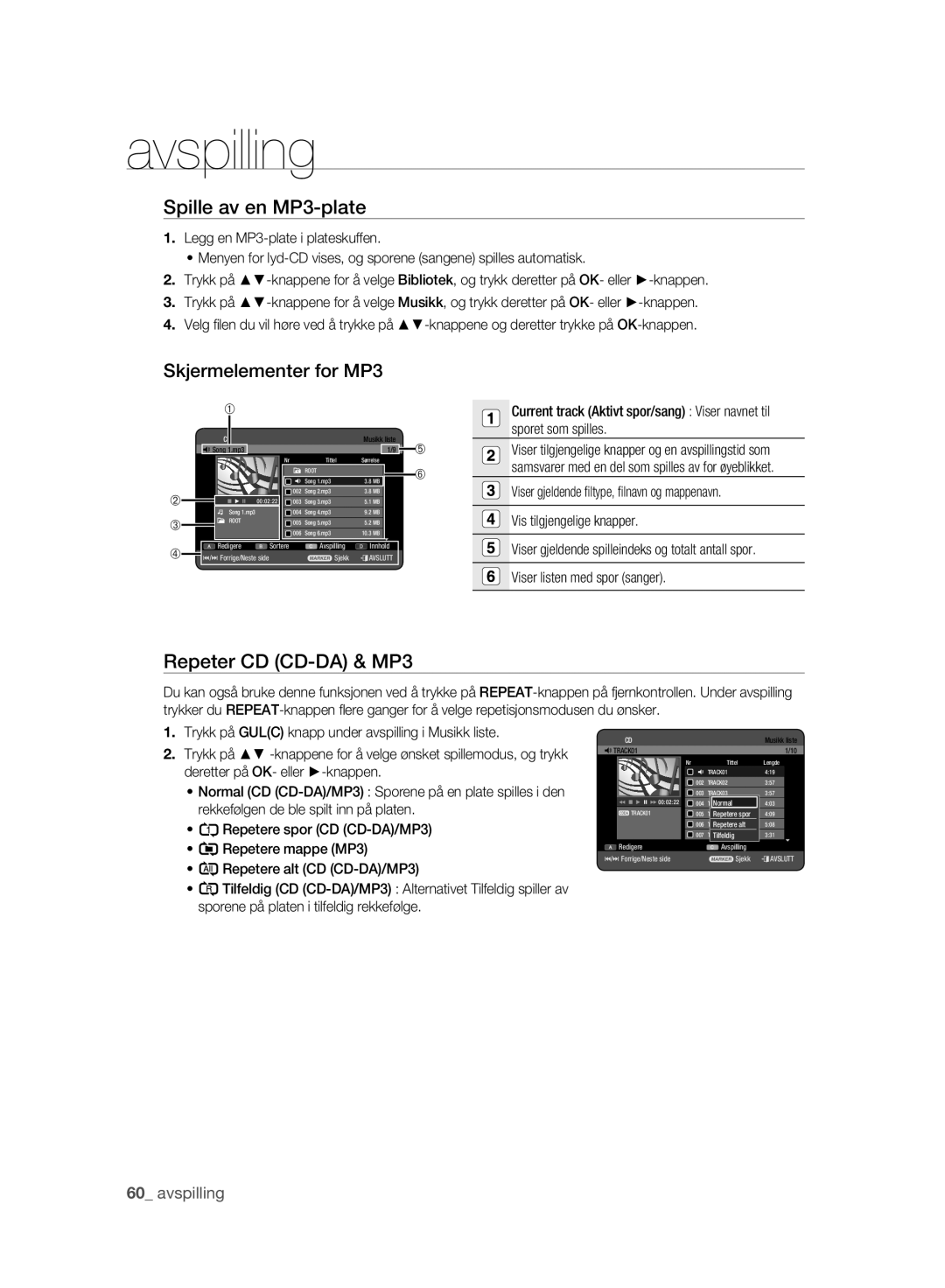 Samsung DVD-HR775A/XEE, DVD-HR773A/XEE manual Spille av en MP3-plate, Skjermelementer for MP3, Repeter CD CD-DA & MP3 