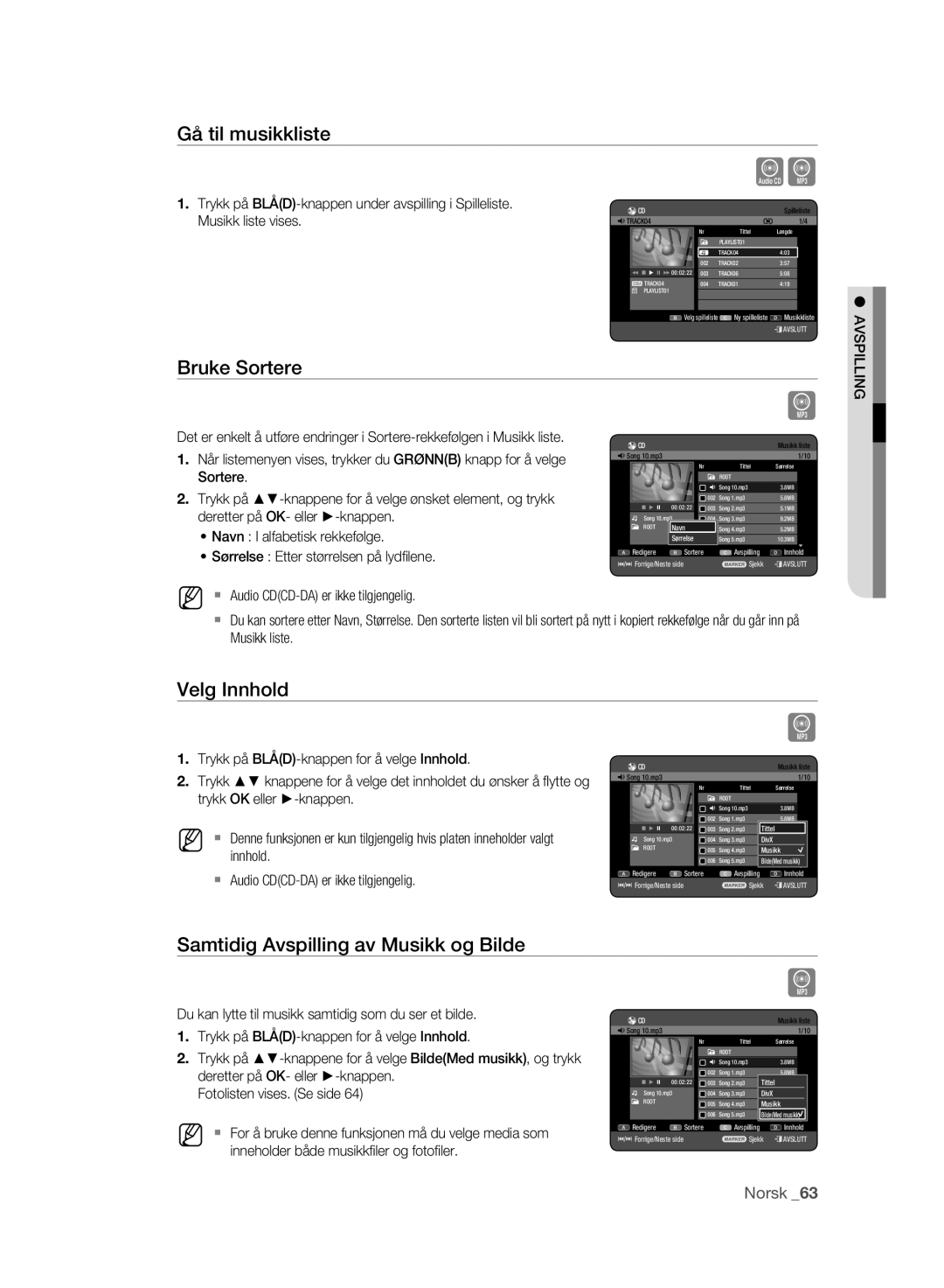 Samsung DVD-HR773A/XEE, DVD-HR775A/XEE manual Gå til musikkliste, Bruke Sortere, Samtidig Avspilling av Musikk og Bilde 