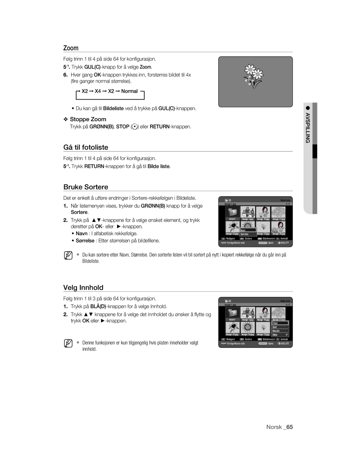 Samsung DVD-HR773A/XEE, DVD-HR775A/XEE manual Zoom, Gå til fotoliste, Velg Innhold 