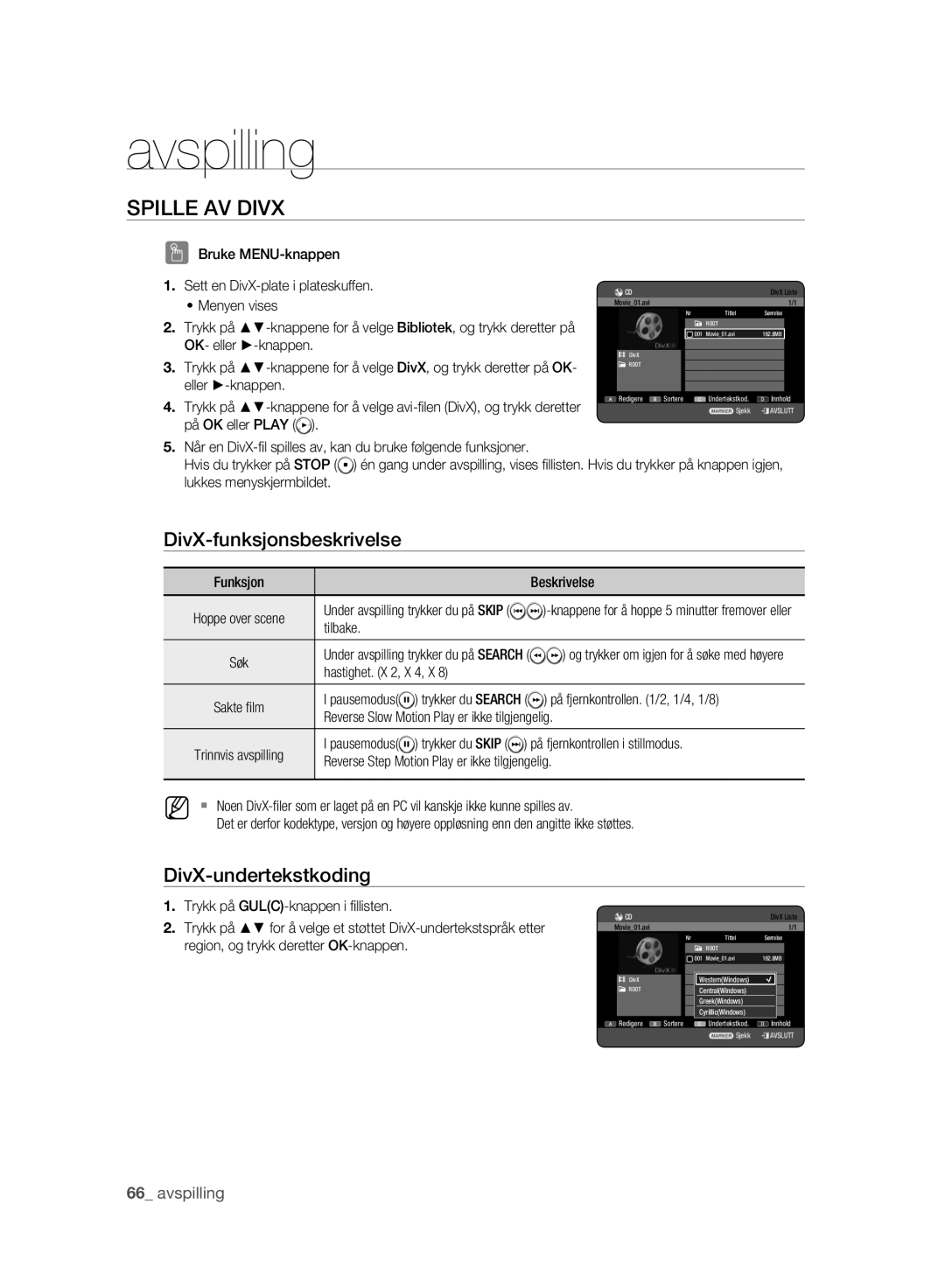 Samsung DVD-HR775A/XEE, DVD-HR773A/XEE manual Spille AV Divx, DivX-funksjonsbeskrivelse, DivX-undertekstkoding 