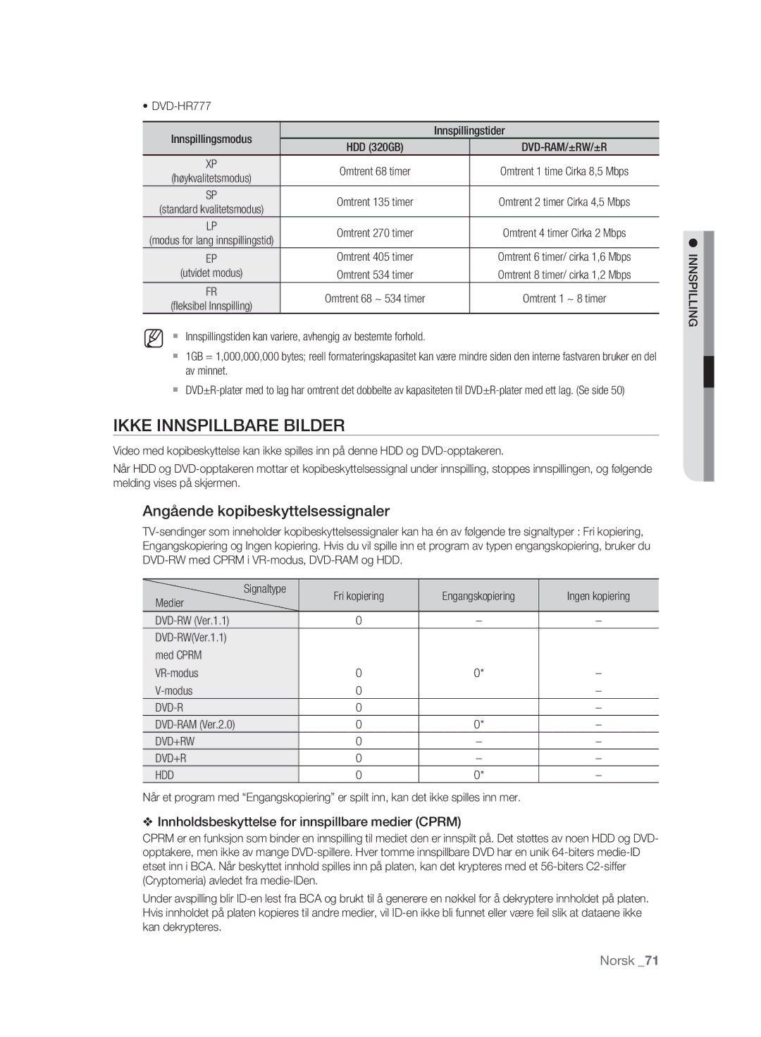 Samsung DVD-HR773A/XEE, DVD-HR775A/XEE manual Ikke Innspillbare Bilder, Angående kopibeskyttelsessignaler, Dvd+Rw Hdd 