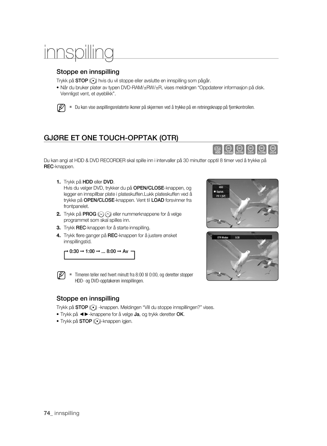 Samsung DVD-HR775A/XEE, DVD-HR773A/XEE manual Gjøre ET ONE TOUCH-OPPTAK OTR 