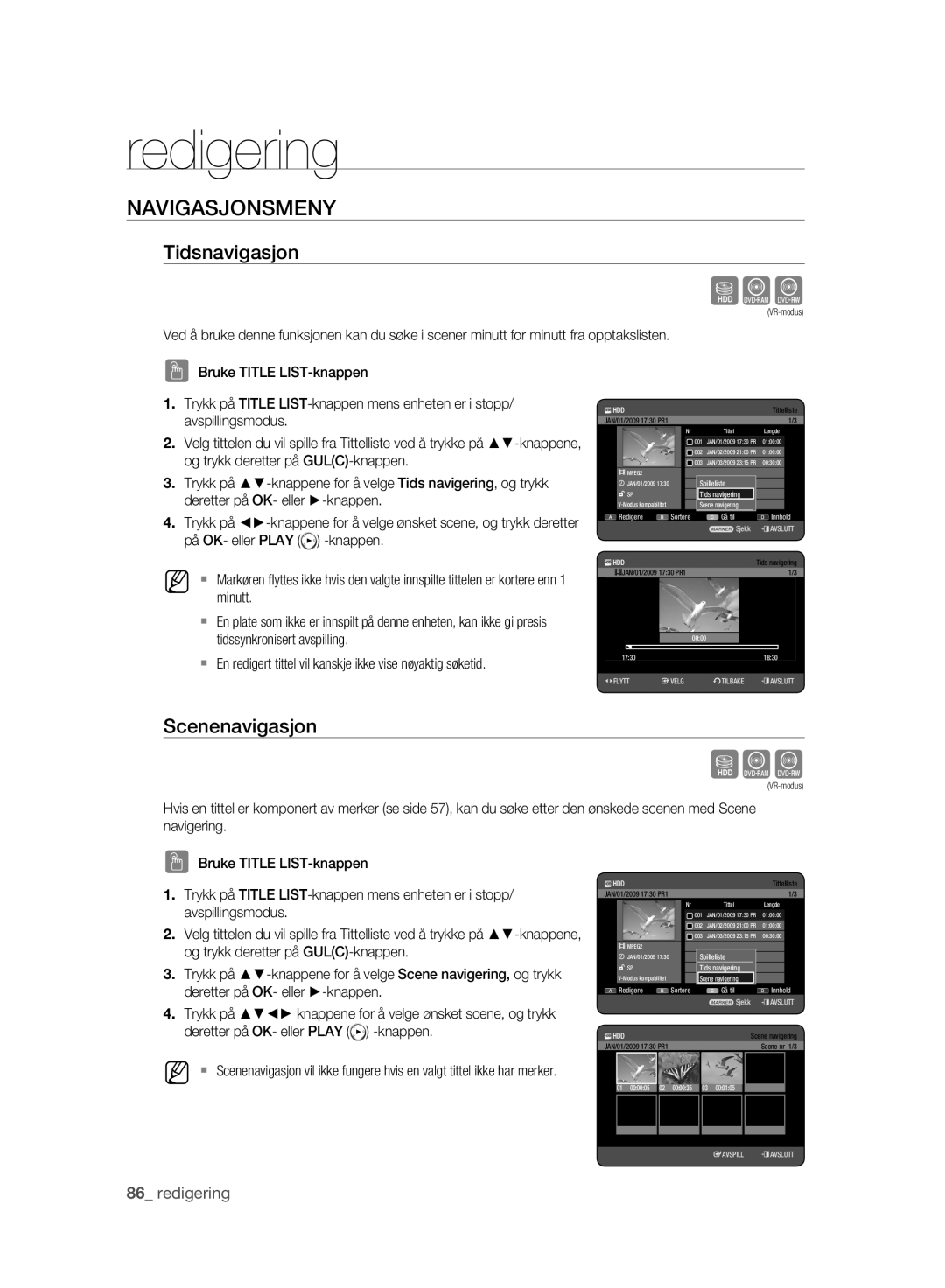 Samsung DVD-HR775A/XEE, DVD-HR773A/XEE manual Sxc, Navigasjonsmeny, Tidsnavigasjon, Scenenavigasjon 