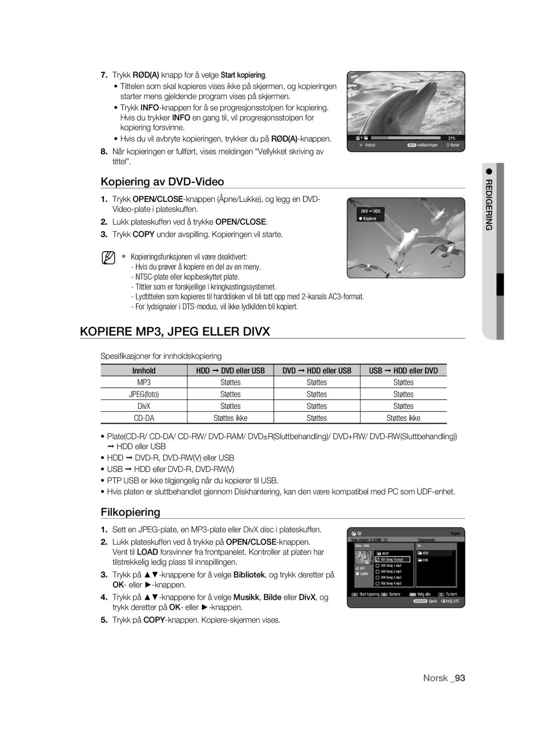 Samsung DVD-HR773A/XEE, DVD-HR775A/XEE manual Kopiere MP3, Jpeg Eller Divx, Kopiering av DVD-Video, Filkopiering 