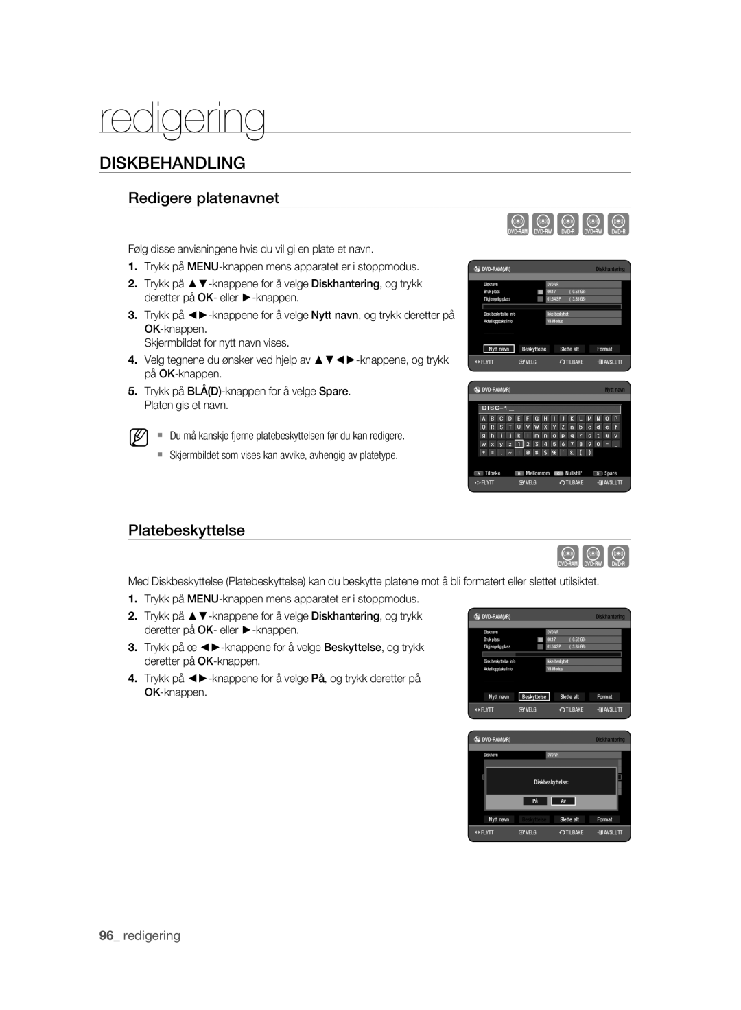 Samsung DVD-HR775A/XEE, DVD-HR773A/XEE manual Xcvkl, Diskbehandling, Redigere platenavnet, Platebeskyttelse 