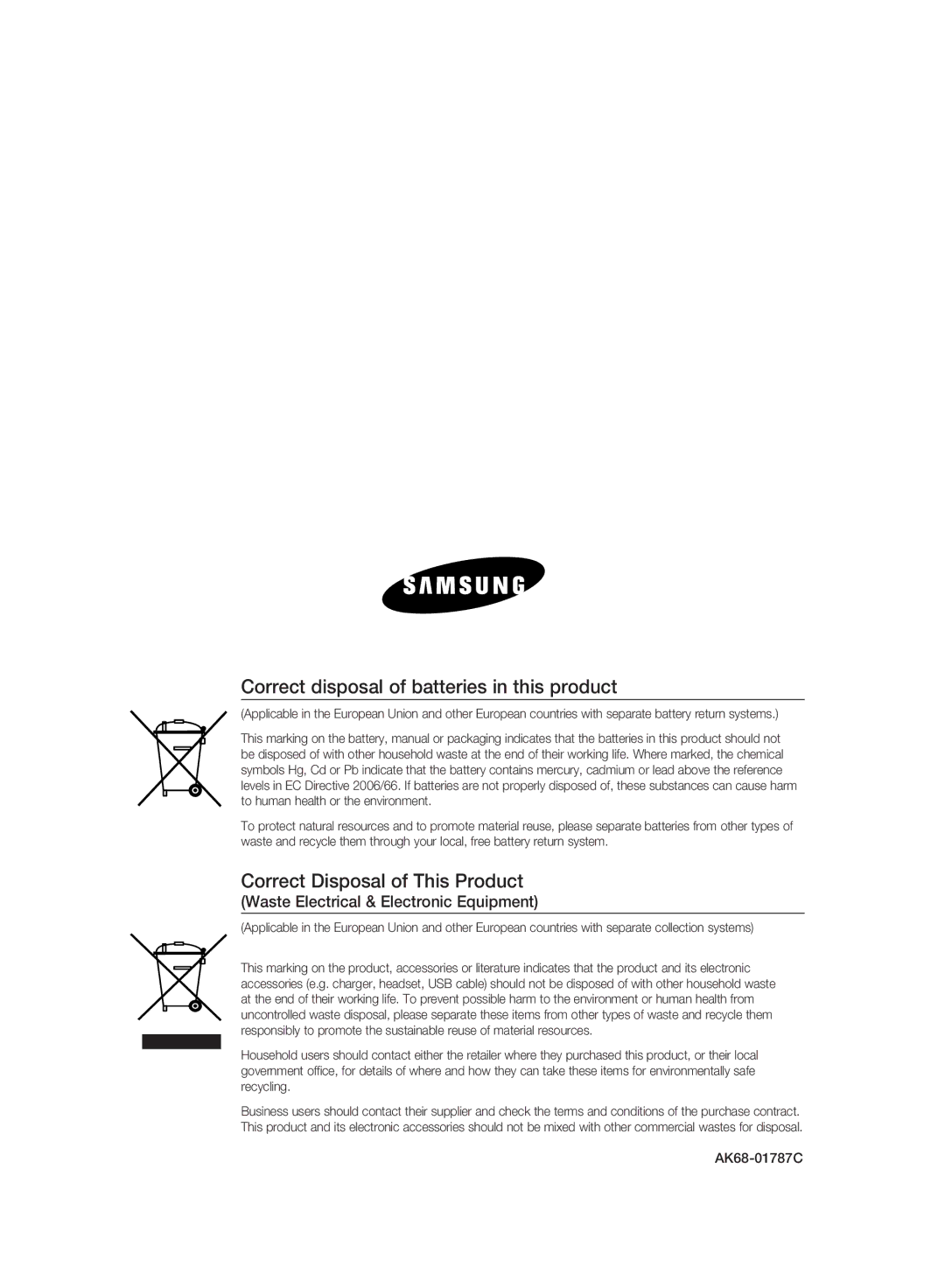 Samsung DVD-HR775A/XEN manual Correct disposal of batteries in this product, Correct Disposal of This Product, AK68-01787C 