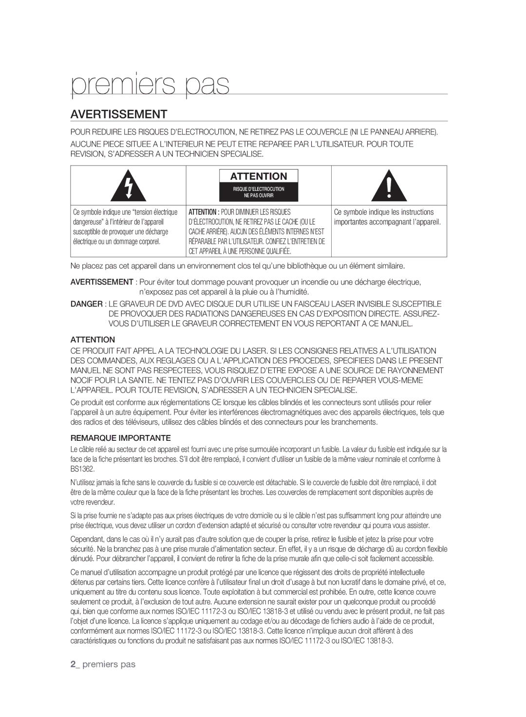 Samsung DVD-HR773A/XEN, DVD-HR775A/XEN, DVD-HR775A/EDC, DVD-HR777A/XEG manual Premiers pas, Avertissement, Remarque Importante 