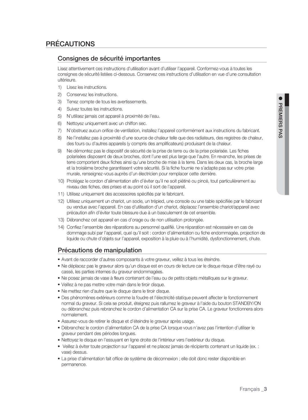 Samsung DVD-HR777A/XEG, DVD-HR775A/XEN Consignes de sécurité importantes, Précautions de manipulation, Premiers PAS 