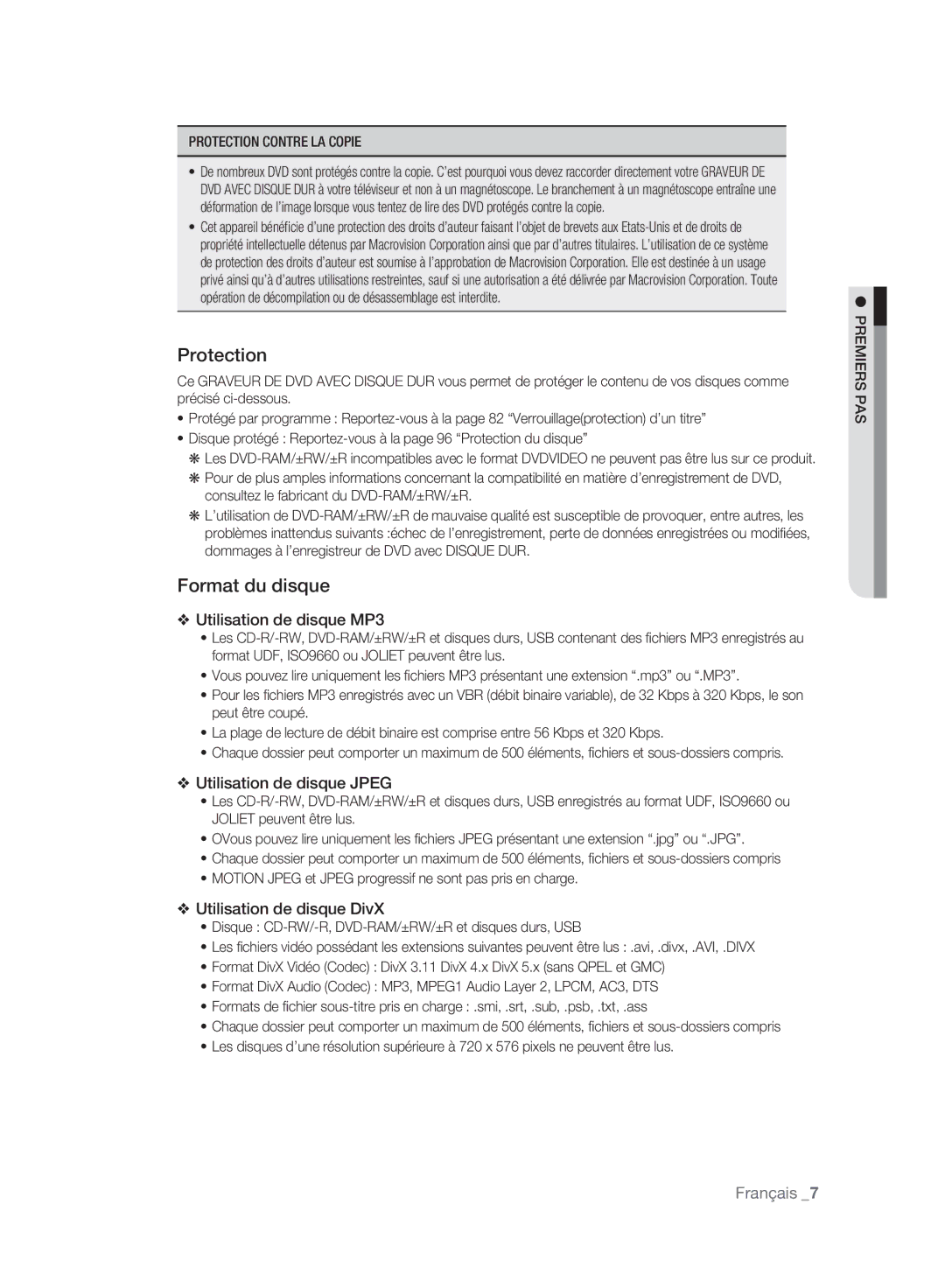 Samsung DVD-HR773A/EDC Format du disque, Utilisation de disque MP3, Utilisation de disque Jpeg, Utilisation de disque DivX 