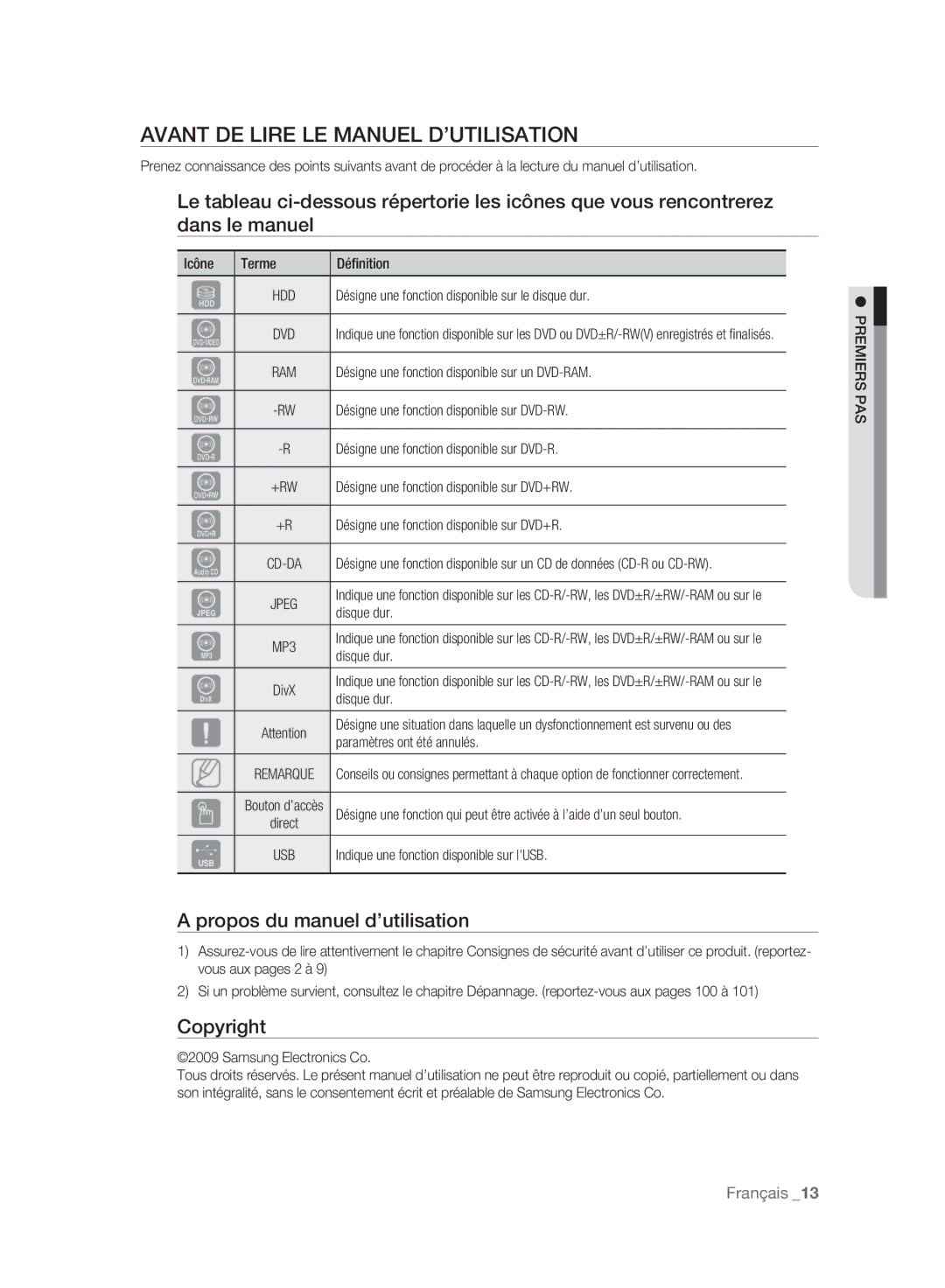 Samsung DVD-HR777A/AUS, DVD-HR775A/XEN manual Avant DE Lire LE Manuel D’UTILISATION, Propos du manuel d’utilisation 