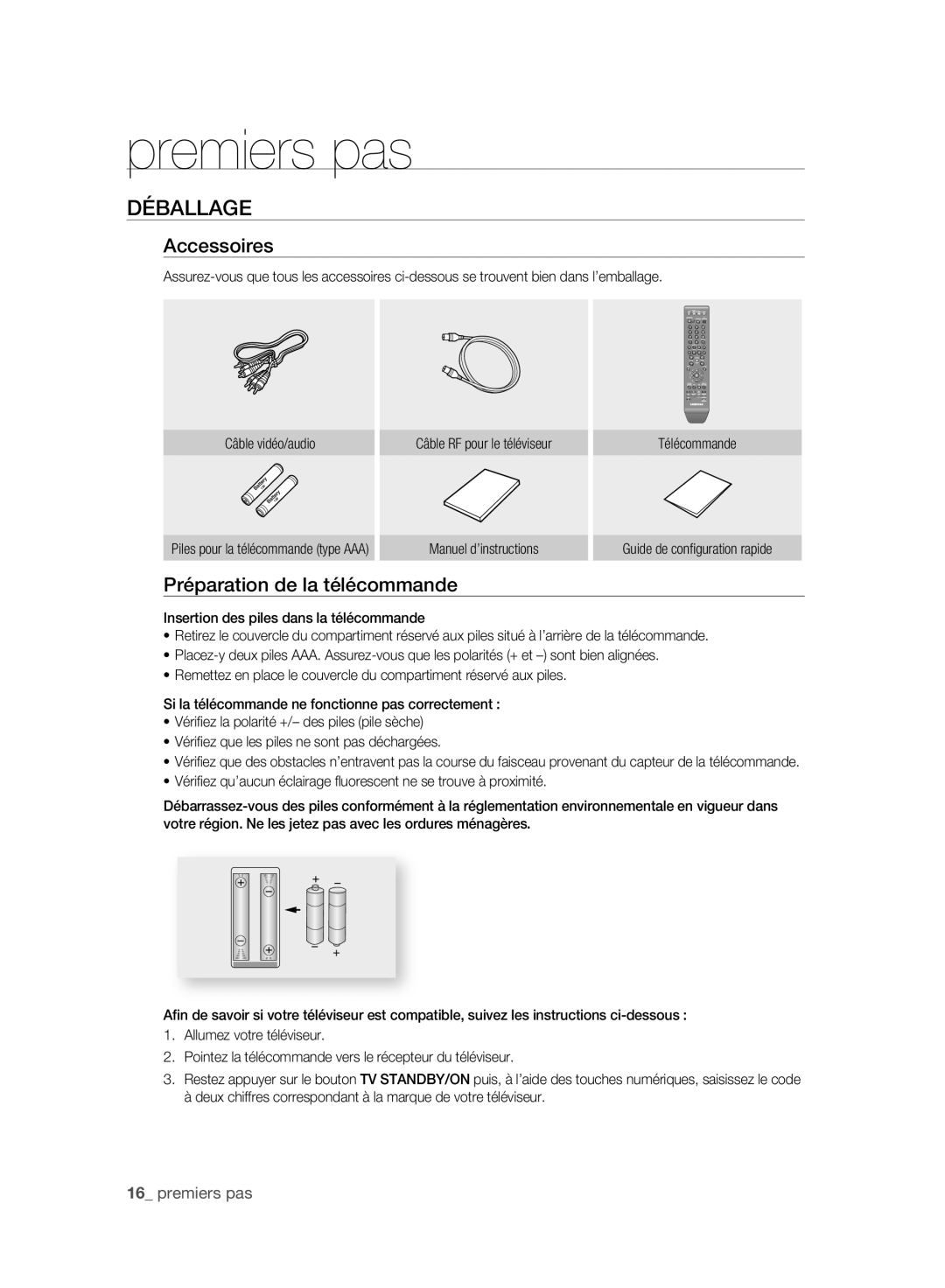 Samsung DVD-HR773A/XEN manual Déballage, Accessoires, Préparation de la télécommande, Piles pour la télécommande type AAA 