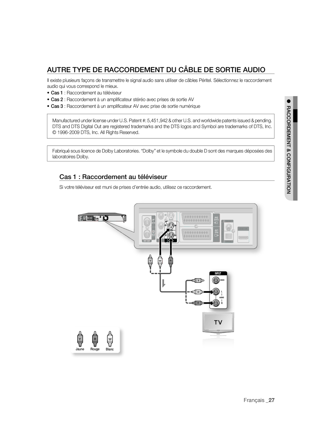 Samsung DVD-HR777A/AUS manual Autre Type DE Raccordement DU Câble DE Sortie Audio, Cas 1 Raccordement au téléviseur 