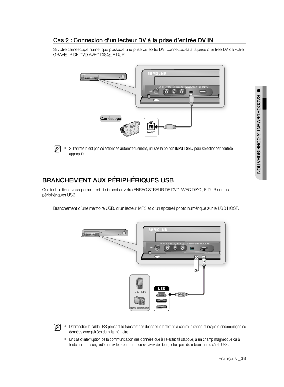 Samsung DVD-HR775A/XEB manual Branchement AUX Périphériques USB, Cas 2 Connexion d’un lecteur DV à la prise d’entrée DV 