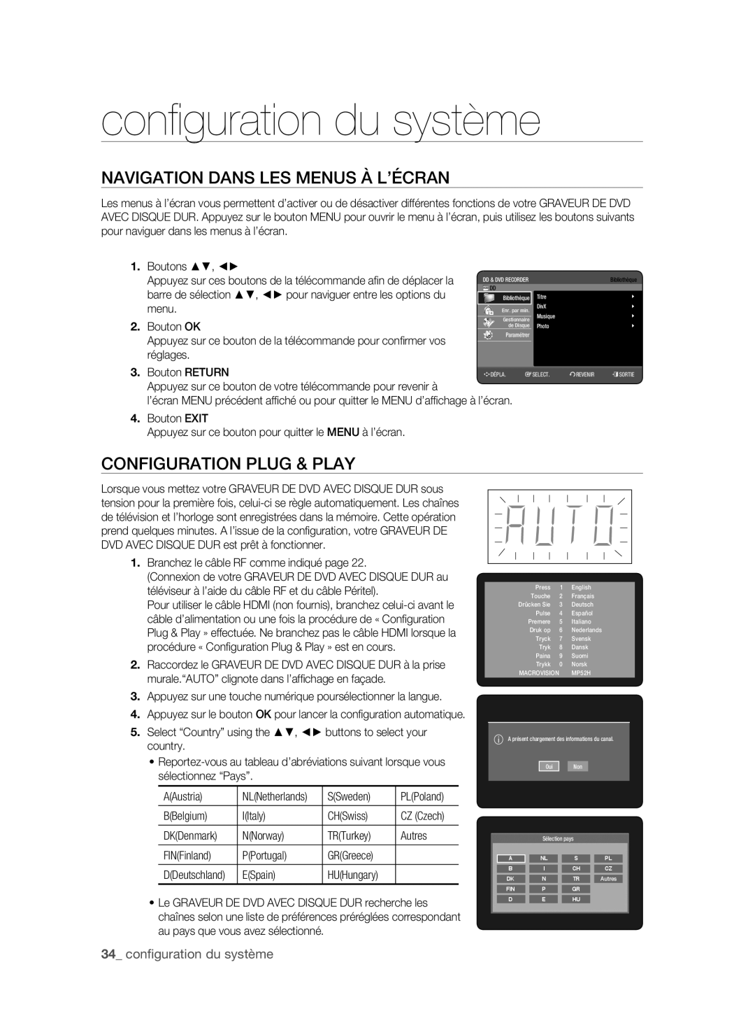 Samsung DVD-HR773A/XEB manual Conﬁ guration du système, Navigation Dans LES Menus À L’ÉCRAN, Configuration Plug & Play 