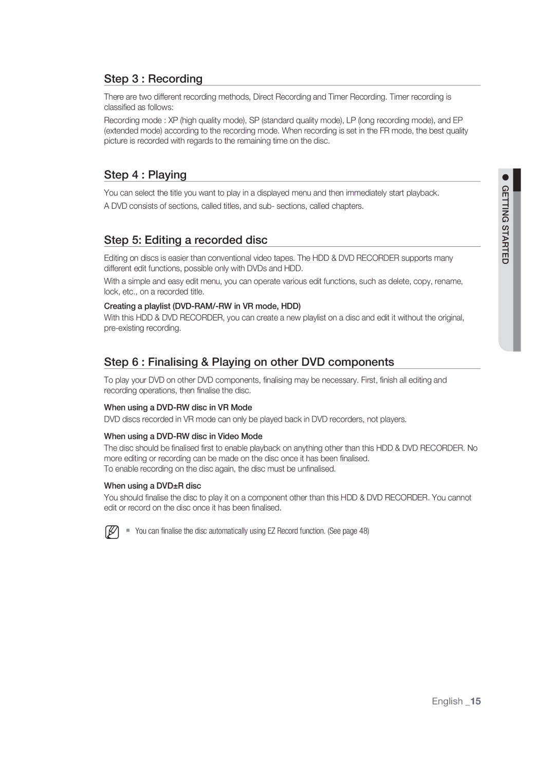 Samsung DVD-HR775A/EDC manual Recording, Editing a recorded disc, Finalising & Playing on other DVD components 