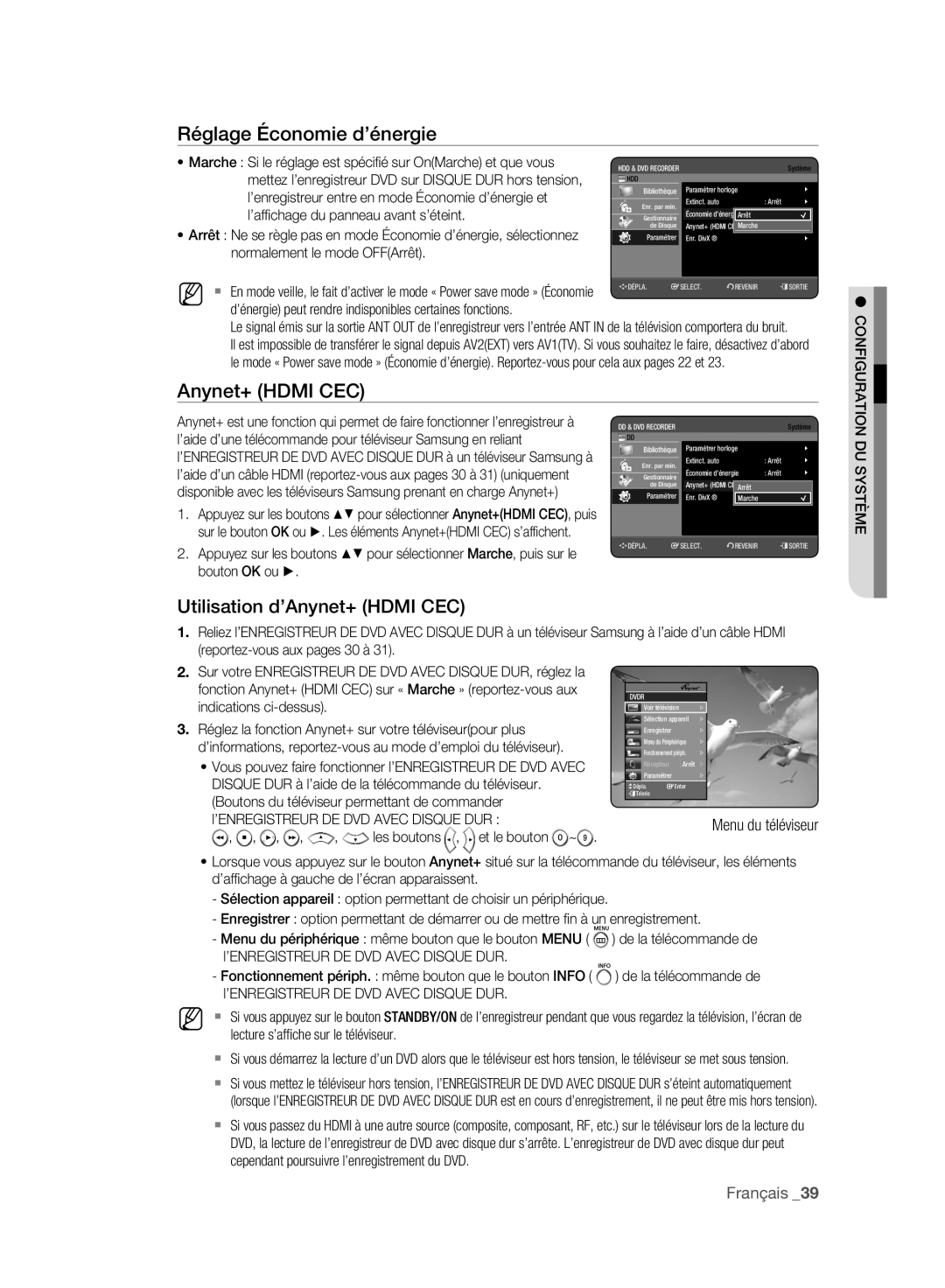 Samsung DVD-HR773A/AUS manual Réglage Économie d’énergie, Utilisation d’Anynet+ Hdmi CEC, Menu du téléviseur, DU Système 