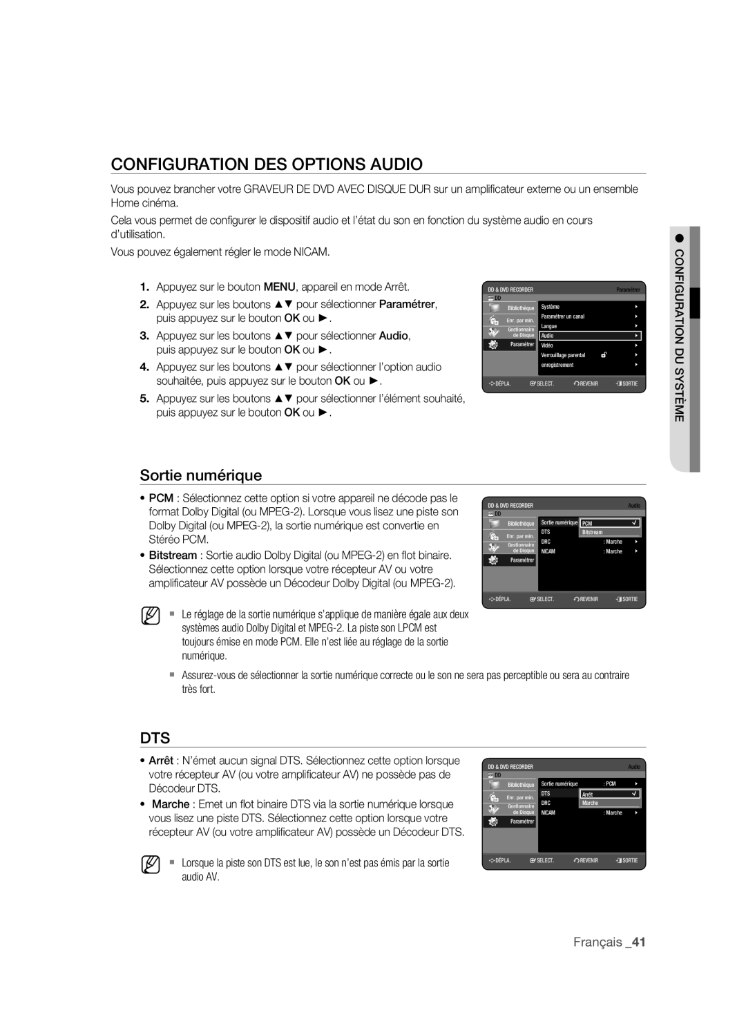 Samsung DVD-HR777A/AUS, DVD-HR775A/XEN, DVD-HR775A/EDC, DVD-HR773A/XEN Configuration DES Options Audio, Sortie numérique 