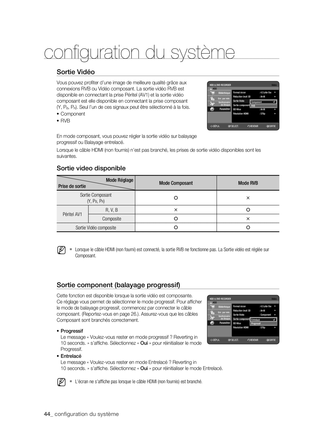 Samsung DVD-HR773A/XEN, DVD-HR775A/XEN Sortie Vidéo, Sortie video disponible, Sortie component balayage progressif, Rvb 