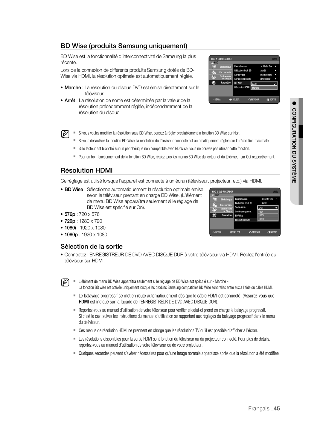 Samsung DVD-HR777A/XEG manual BD Wise produits Samsung uniquement, Résolution Hdmi, Sélection de la sortie, Du téléviseur 