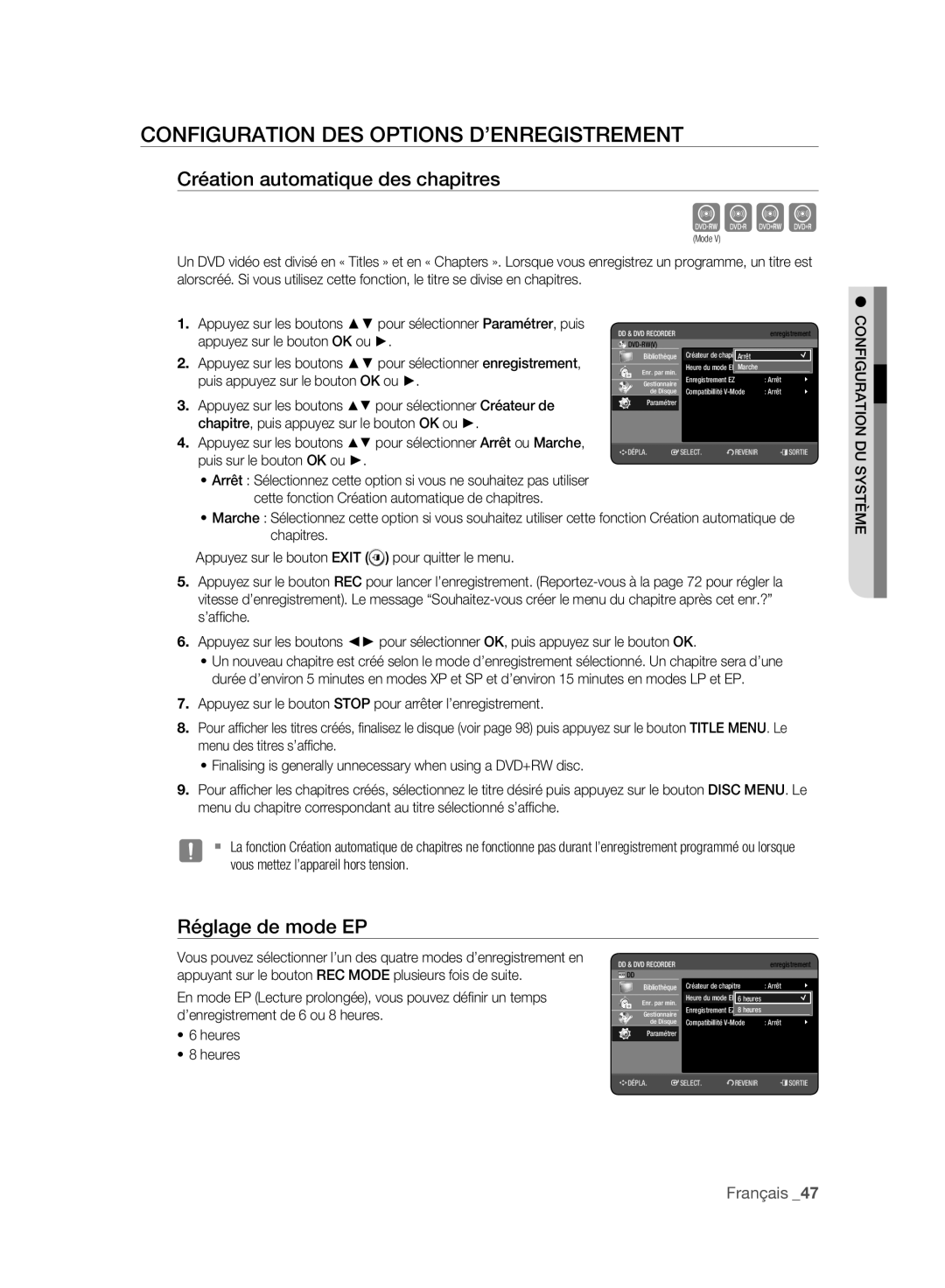 Samsung DVD-HR775A/XEB Configuration DES Options D’ENREGISTREMENT, Création automatique des chapitres, Réglage de mode EP 