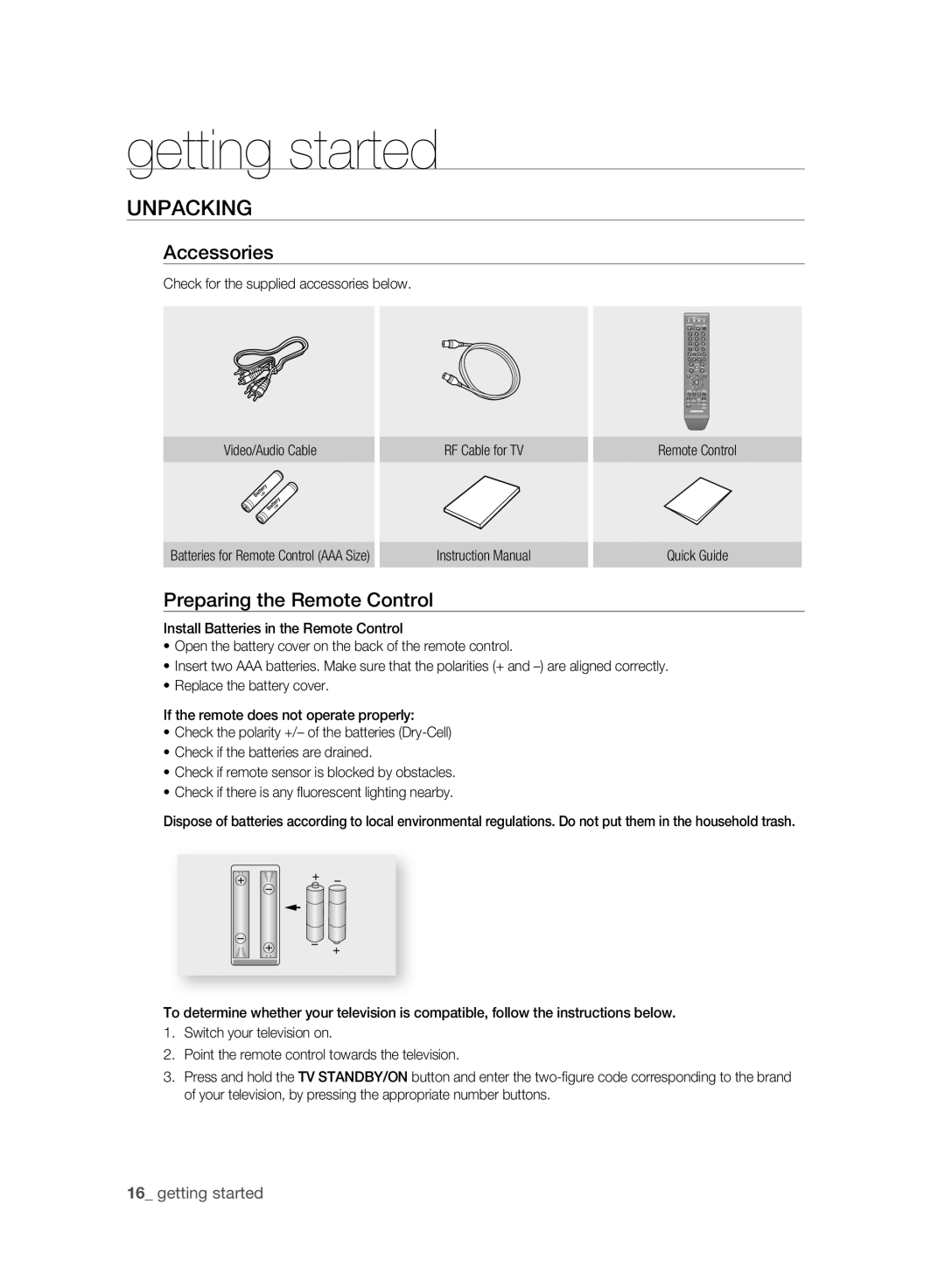 Samsung DVD-HR773A/XEN, DVD-HR775A/XEN, DVD-HR775A/EDC Unpacking, Accessories, Preparing the Remote Control, Quick Guide 