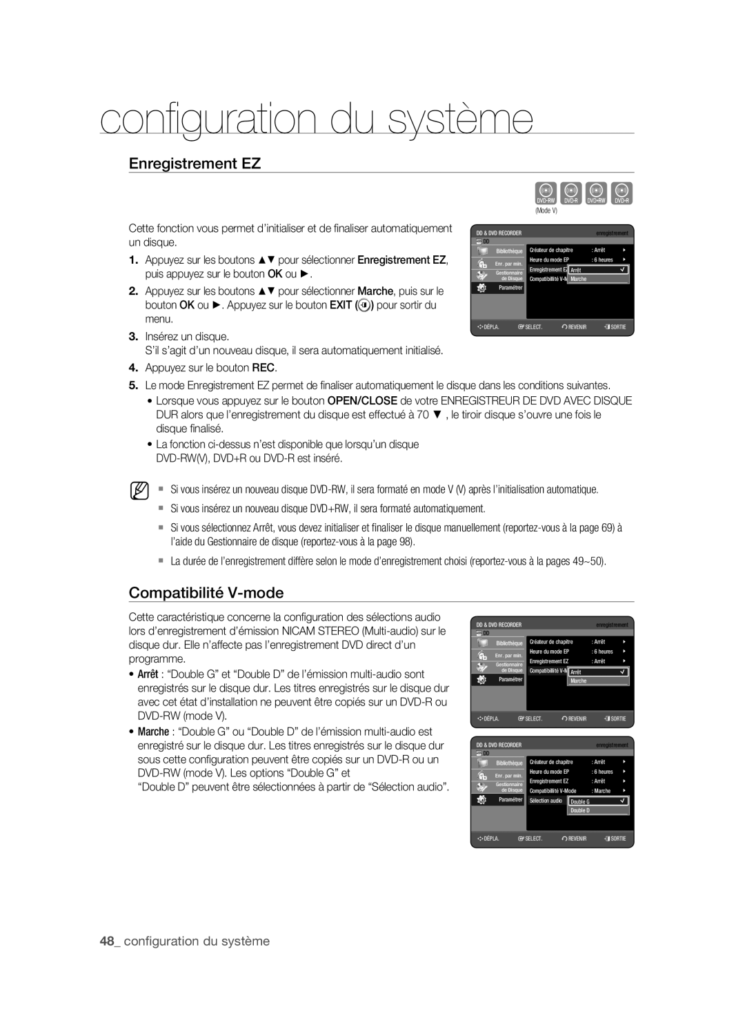 Samsung DVD-HR773A/XEB, DVD-HR775A/XEN, DVD-HR775A/EDC, DVD-HR773A/XEN manual Enregistrement EZ, Compatibilité V-mode 