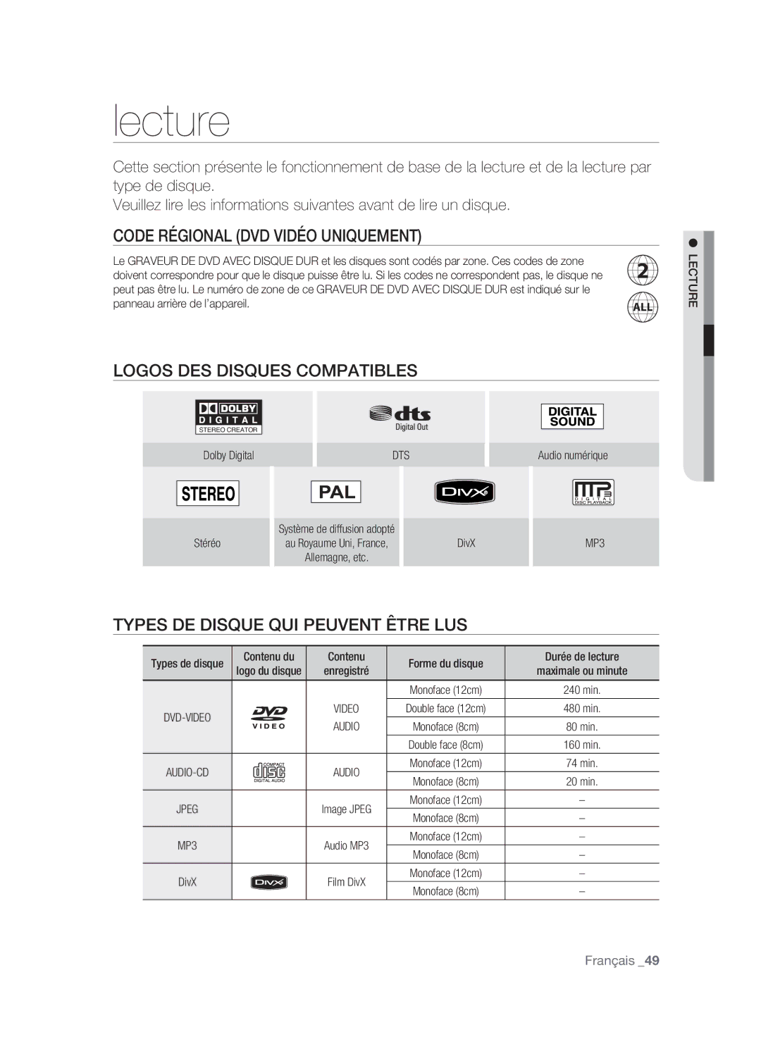 Samsung DVD-HR773A/EDC, DVD-HR775A/XEN manual Lecture, Code Régional DVD Vidéo Uniquement, Logos DES Disques Compatibles 