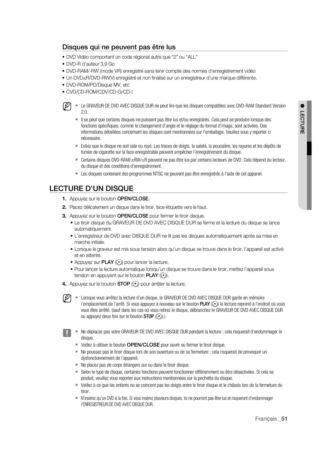 Samsung DVD-HR775A/XEG, DVD-HR775A/XEN, DVD-HR775A/EDC manual Lecture D’UN Disque, Disques qui ne peuvent pas être lus 