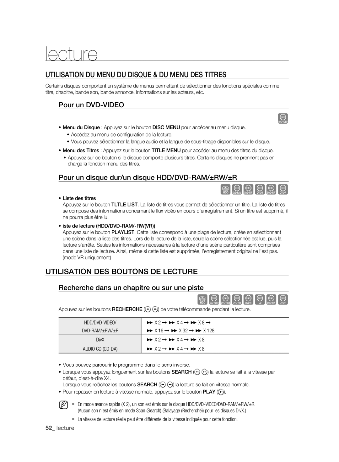 Samsung DVD-HR777A/XEB manual Utilisation DU Menu DU Disque & DU Menu DES Titres, Utilisation DES Boutons DE Lecture 