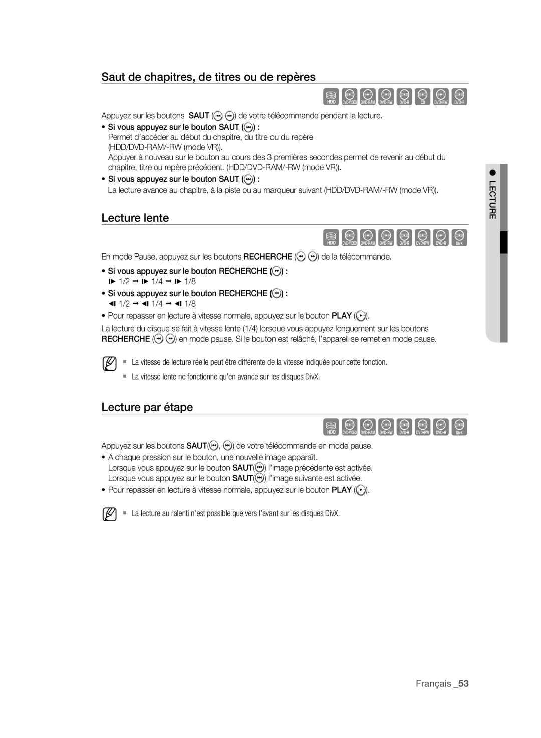 Samsung DVD-HR773A/AUS, DVD-HR775A/XEN, DVD-HR775A/EDC, DVD-HR773A/XEN manual Saut de chapitres, de titres ou de repères 