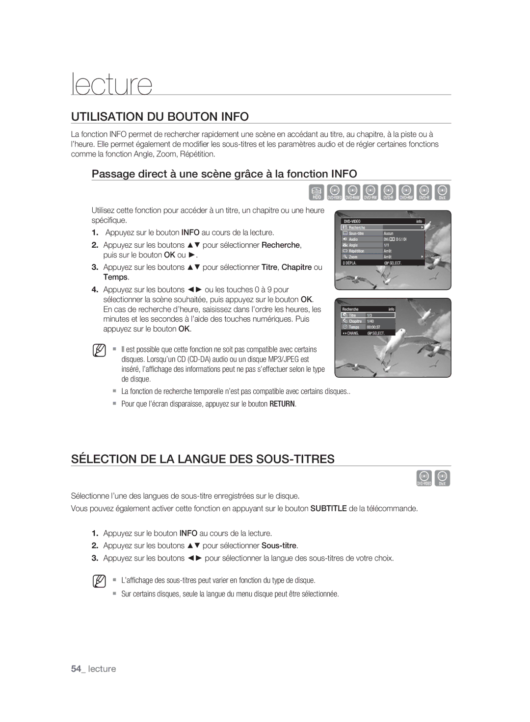 Samsung DVD-HR773A/XEG, DVD-HR775A/XEN, DVD-HR775A/EDC Utilisation DU Bouton Info, Sélection DE LA Langue DES SOUS-TITRES 