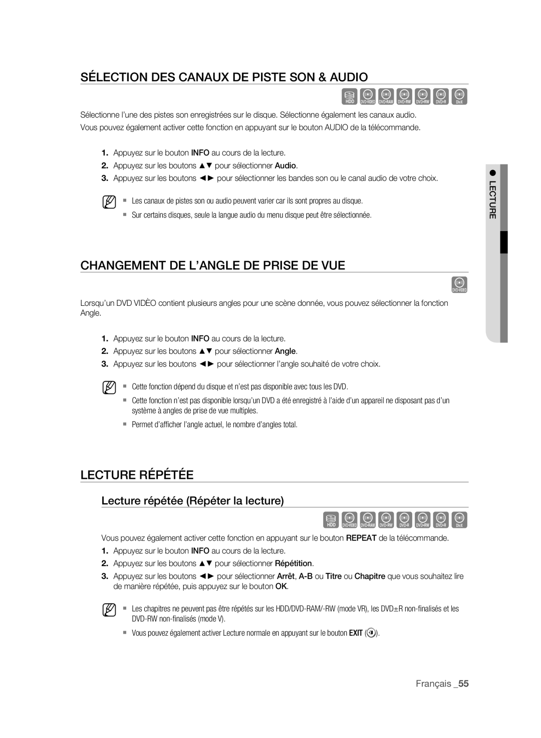 Samsung DVD-HR777A/AUS Sélection DES Canaux DE Piste SON & Audio, Changement DE L’ANGLE DE Prise DE VUE, Lecture Répétée 