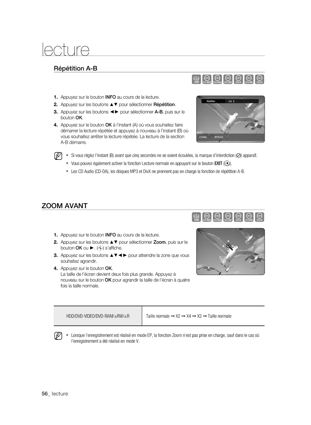 Samsung DVD-HR775A/XEN, DVD-HR775A/EDC, DVD-HR773A/XEN, DVD-HR777A/XEG, DVD-HR777A/EDC manual Zoom Avant, Répétition A-B 