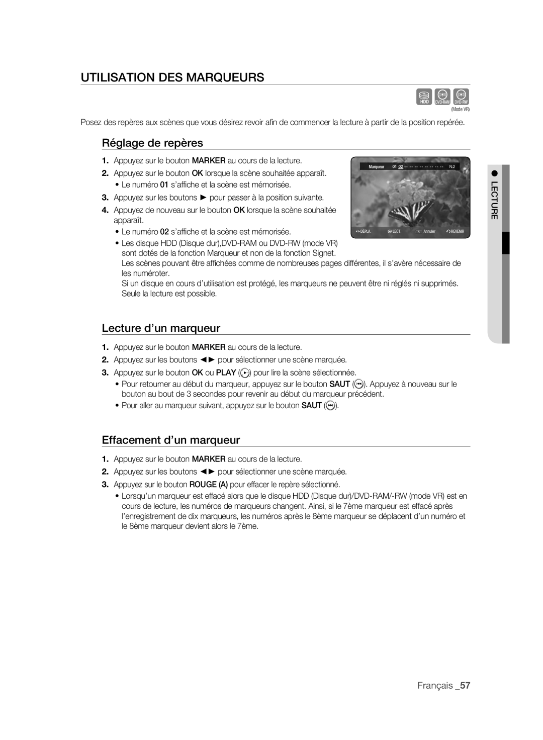 Samsung DVD-HR775A/EDC Utilisation DES Marqueurs, Réglage de repères, Lecture d’un marqueur, Effacement d’un marqueur 