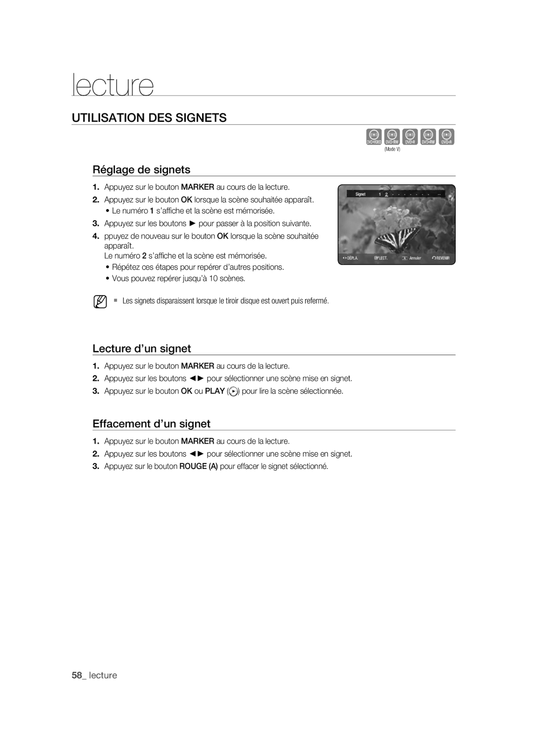 Samsung DVD-HR773A/XEN manual Utilisation DES Signets, Réglage de signets, Lecture d’un signet, Effacement d’un signet 