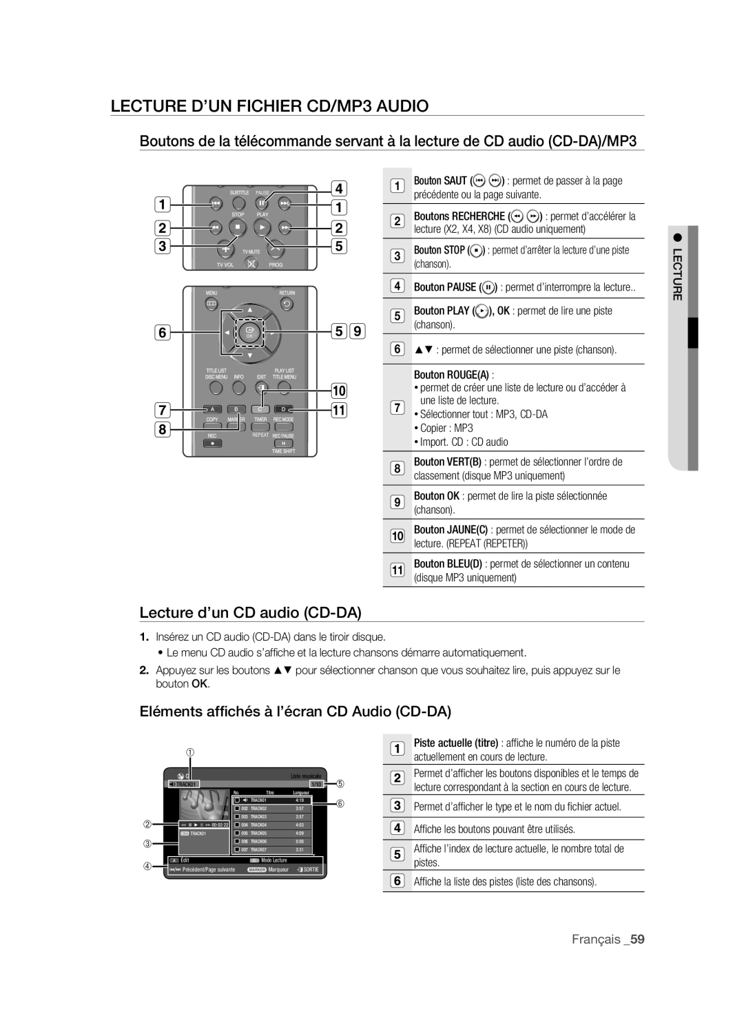 Samsung DVD-HR777A/XEG, DVD-HR775A/XEN, DVD-HR775A/EDC manual Lecture D’UN Fichier CD/MP3 Audio, Lecture d’un CD audio CD-DA 